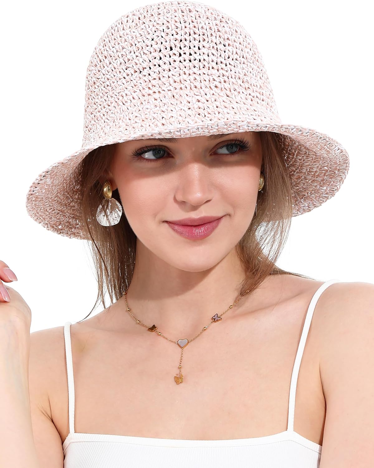 Womens Sun Hat Handmade Crochet Straw Bucket Hat Summer UV Protection Foldable Travel Cap UPF 50+ - Image 5