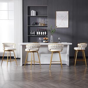 BFZ Velvet Bar Stools Set of 4, 26”Counter Height Bar Stools with Woven Backrest, Modern Luxury Gold Barstools, 180° Swivel Kitchen Bar Stools with Footrest for Kitchen Island, Pub, Club