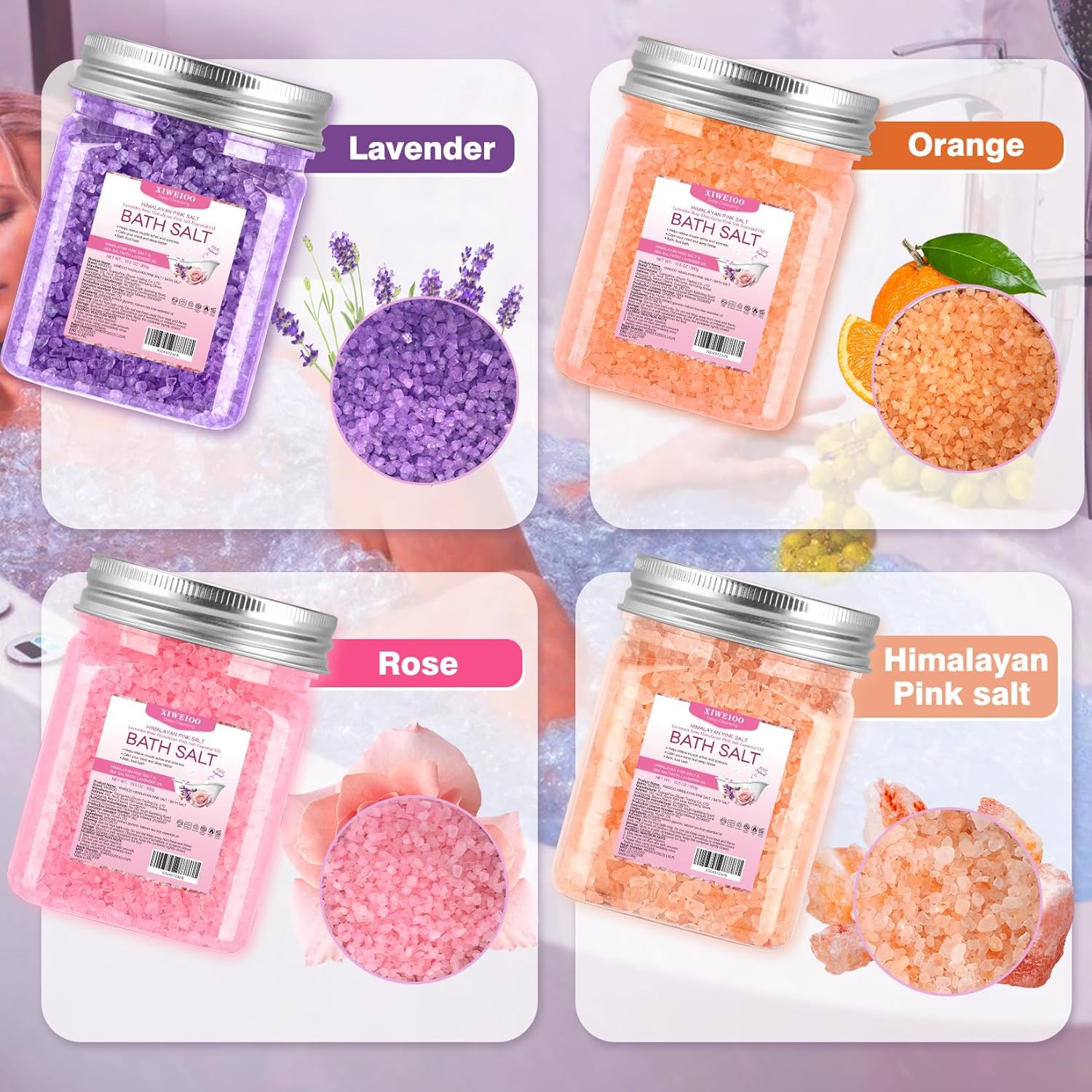 4 Pack Bath Salts Soaking Kit Himalayan Pink Salt Lavender Orange Rose Pink Scent Epsom Salt Bubble Bath Women Christmas Gift Dead Sea Salt Moisturizing Skin - Image 4