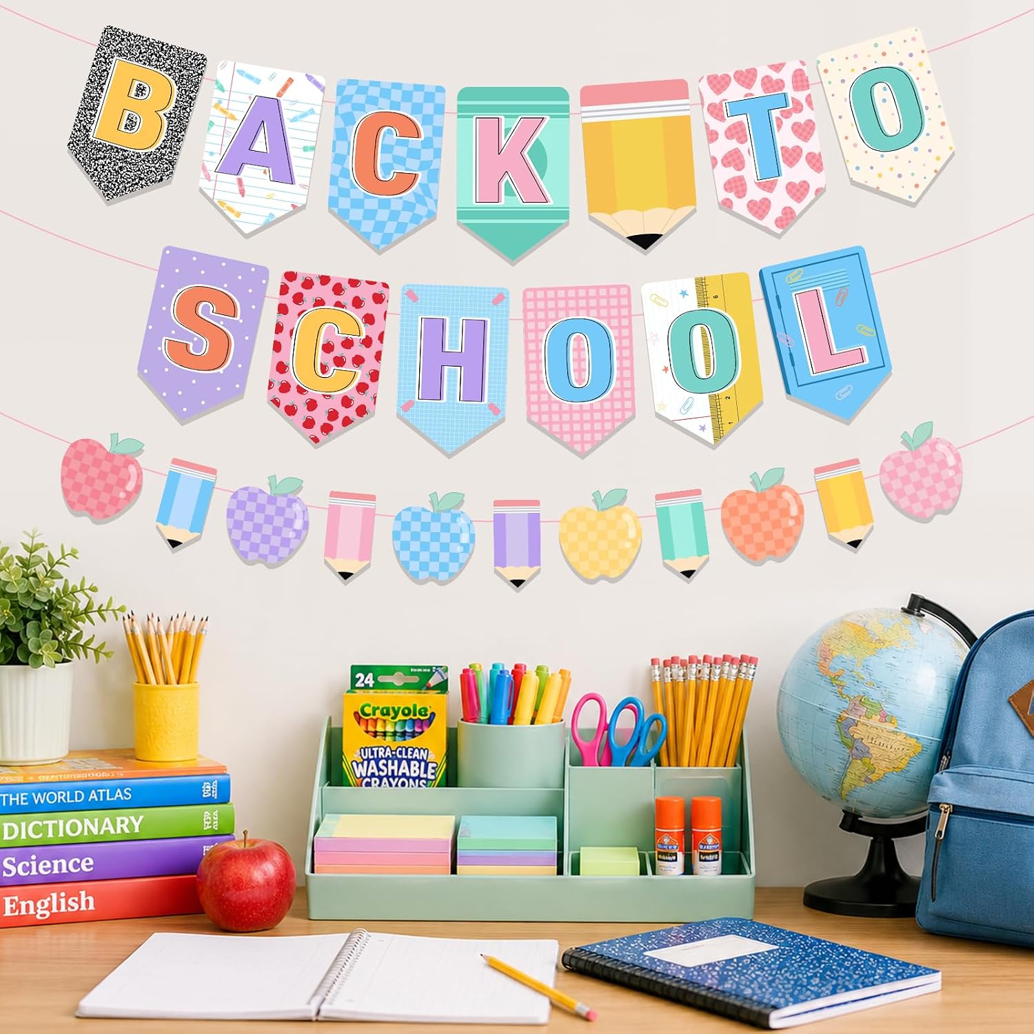 Back to School Banner,First Day of School Banner Decorations for Classroom,Pastel Pencil Apple Sign for Kindergarten Preschool Classroom Home Party Decor image 5