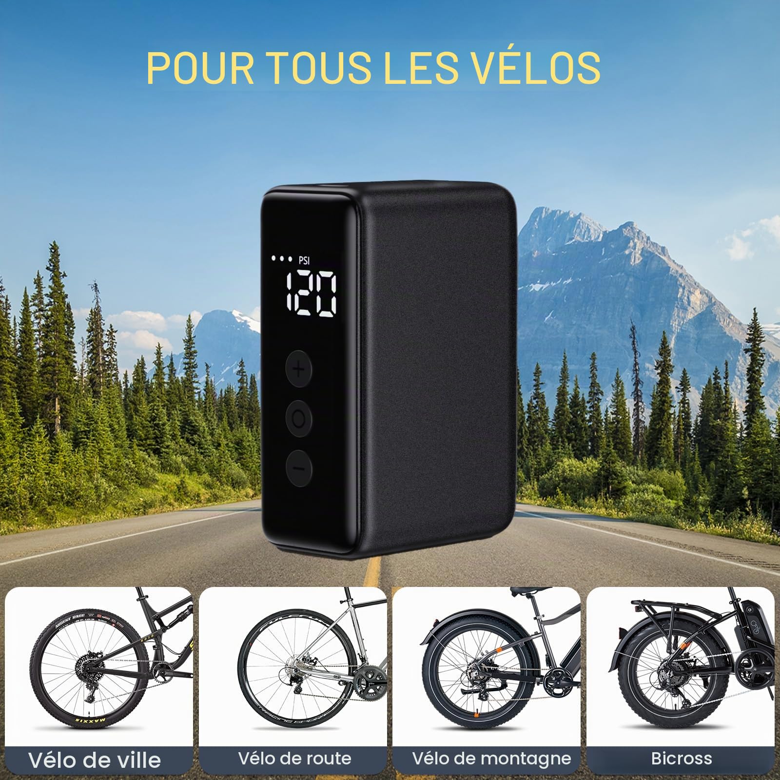 WARMTUYO Pompe à Air Électrique, Mini Pompe Vélo Électrique 120 PSI avec Manomètre, Arrêt Automatique, Compatible Valves Presta et Schrader, pour VTT, Vélo Urbain et de Route