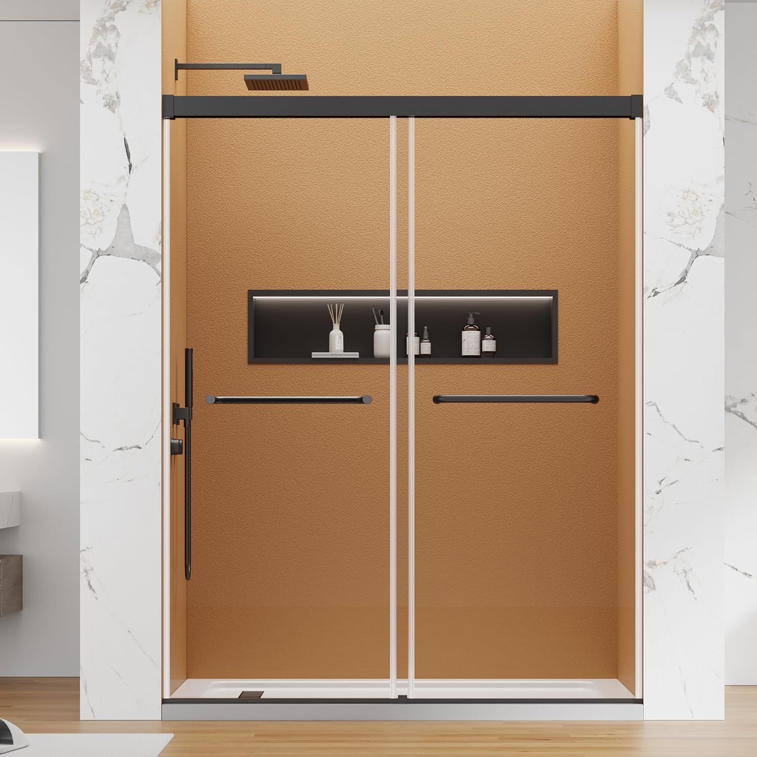 56-60" W x 72" H Frameless Double Sliding Shower Glass Door, 1/4" Clear SGCC Tempered Glass, Nano Coating, Easy to Clean, 304 Stainless Steel Hardware, Reversible Installation - Matte Black