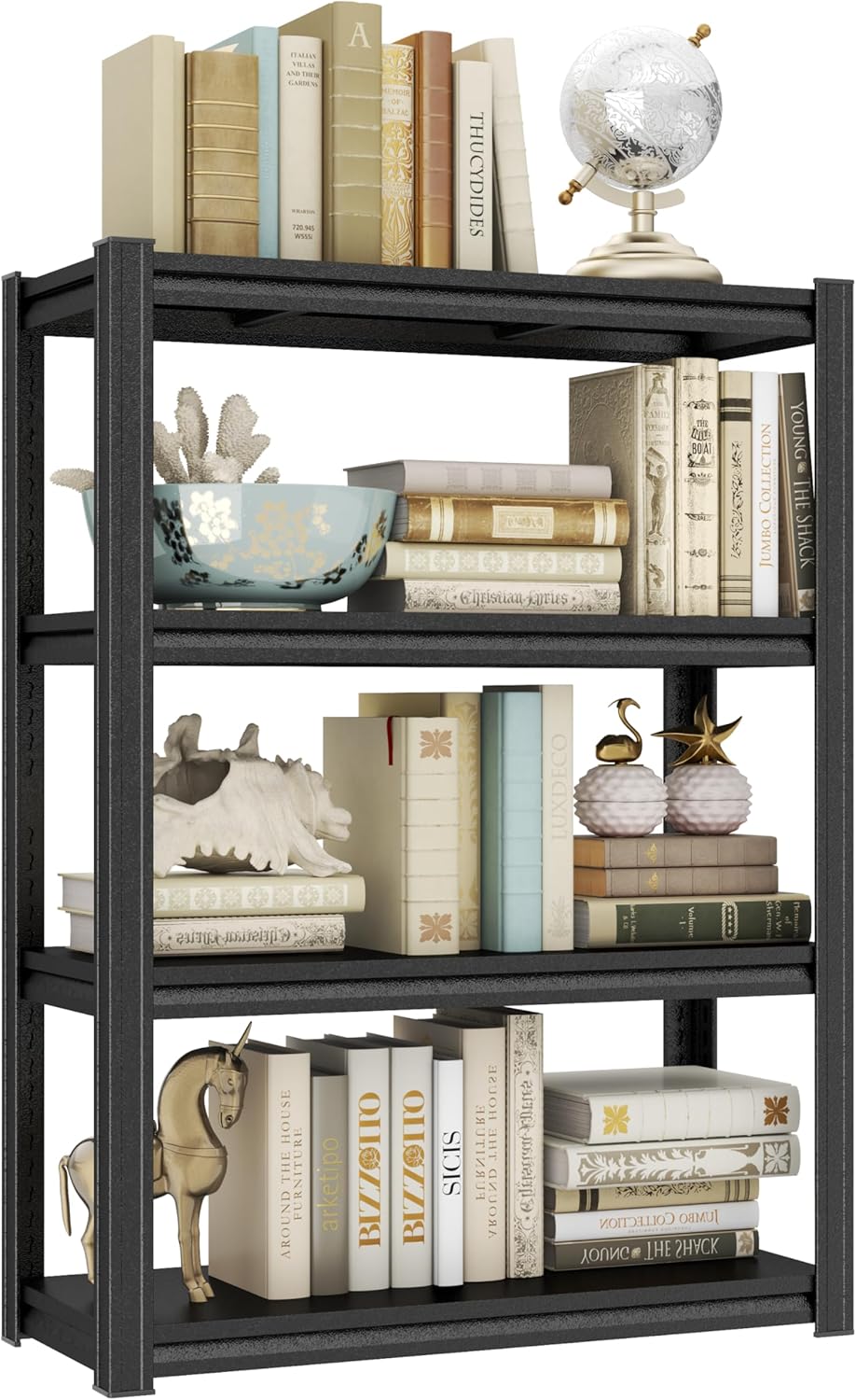 Book Shelf Storage Shelves Metal Shelving 4-Tier Tall Bookshelf Adjustable Shelving Unit Organization and Storage for Bedroom, Living Room, Home Office, Kitchen, Balcony, 44"H × 31.5"W × 11.8"D, Black