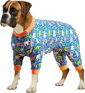 LovinPet Large Breed Dog Clothes Pajamas, Wound Care/Post Surgery Full Coverage Shirt, Dinosaur Land Blue Print, Lightweight Stretchy Knit Pullover Dog Onesie, Pet Pajamas for Dogs, Pet PJ's, 2XL