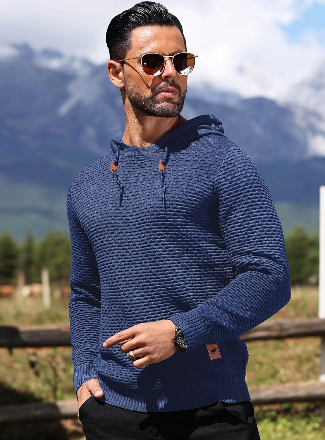 HYPESTFIT Men's Form Fitting Knit Pullover Sweater Hoodie Drawstring Hooded Sweatshirt - Image 2