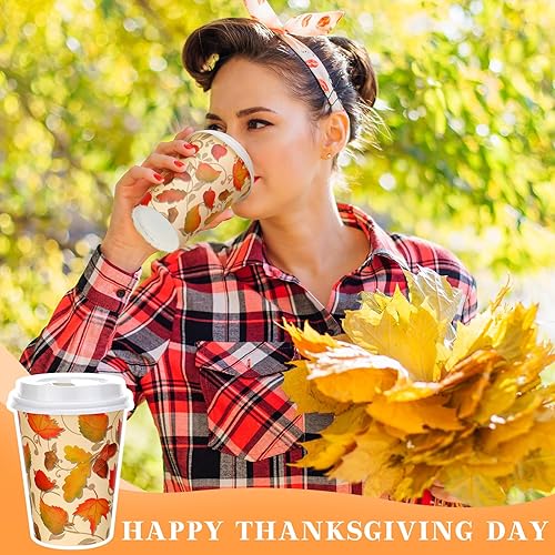Miniatura 6 de Umigy 120 tazas de café desechables de otoño de 12 onzas con tapas, tazas de papel de otoño, hojas de arce, tazas de papel para bebidas de otoño