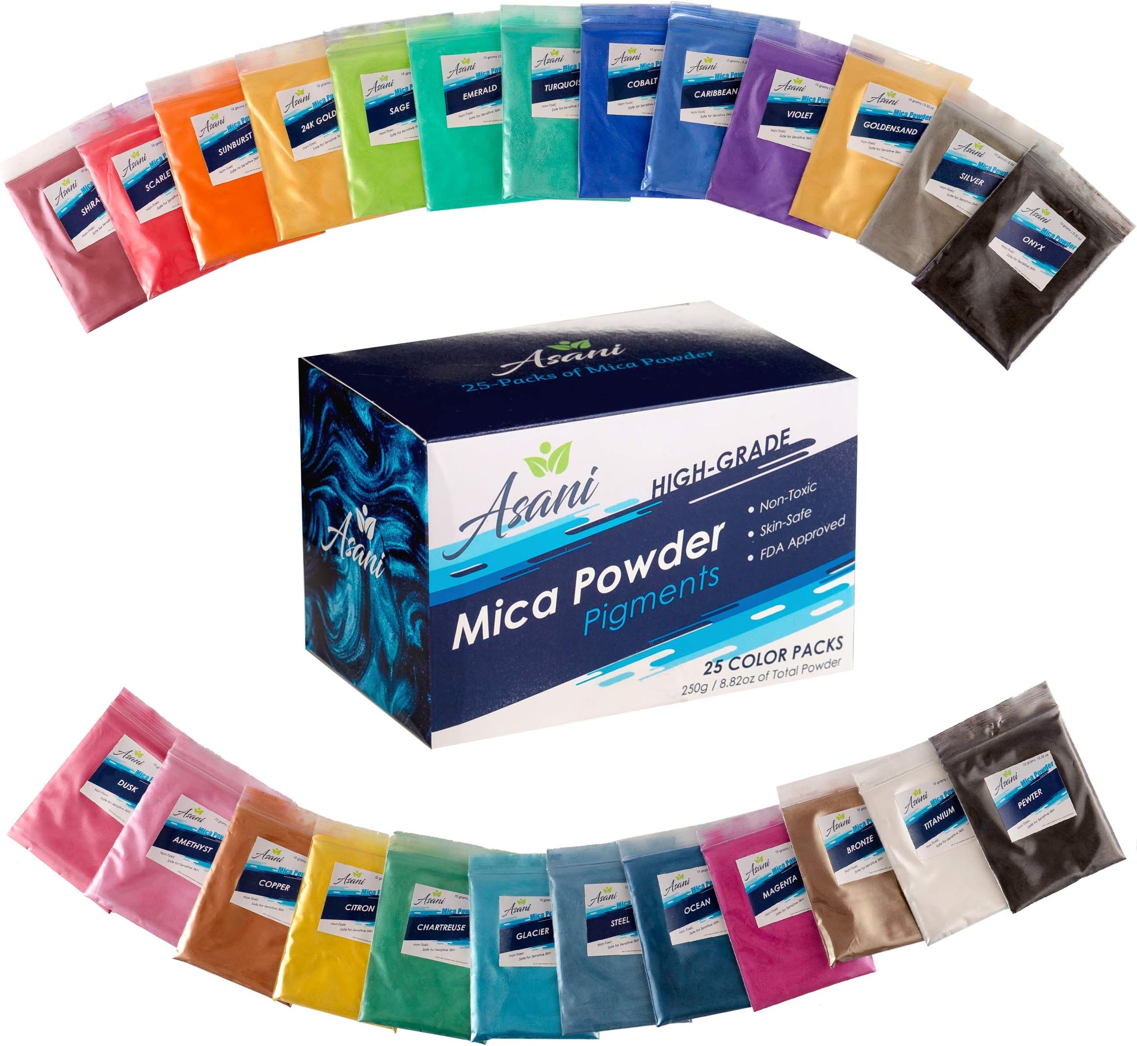 25 Pack Mica Pigment Powder for Epoxy, Lip Gloss, Slime, and Soap Making, 25 Colors, Extra-Large 10g Bags, Cosmetic Grade Powdered Mica for Resin Art, Bath Bombs, Soap Dye, Candles (250g / 8.8oz)