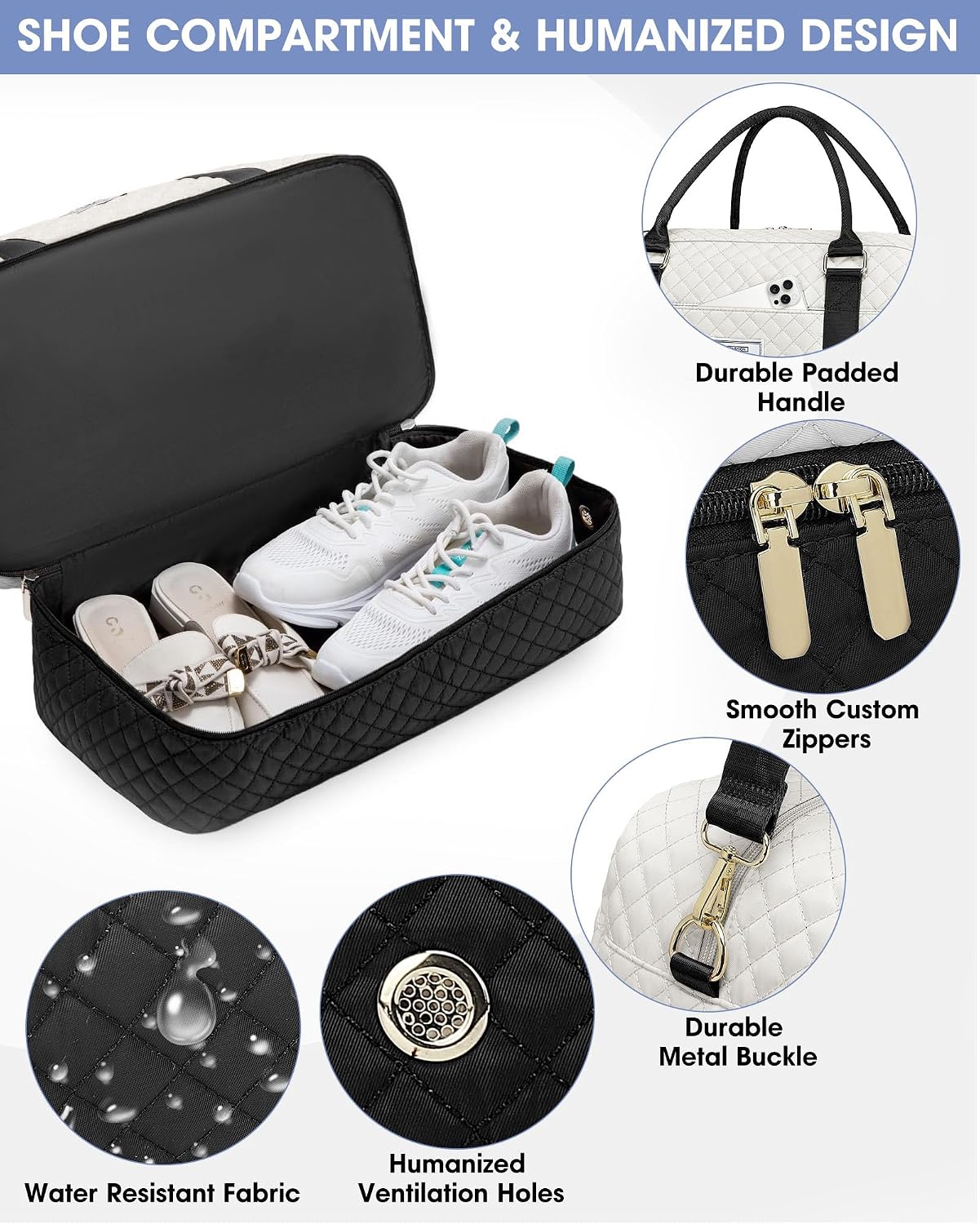 Travel Duffle Weekender Bags for Women: Overnight Bag with Shoe Compartment Carry On Bags with Toiletry & Wet Pocket Large Tote Hospital for Women Labor Delivery Black White