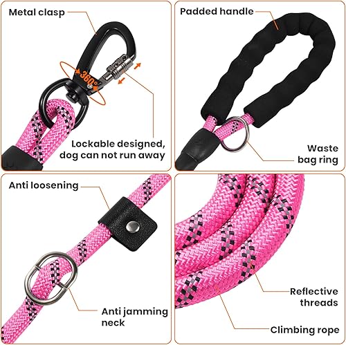 Miniatura 8 de Correa deslizante para perro de 6 pies, ajustable y desmontable con gancho de entrenamiento reflectante, cuerda trenzada sin tirones con mango