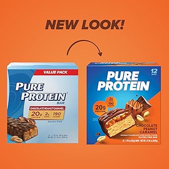 Pure Protein Chocolate Peanut Caramel Protein Bars 20g Protein, 3g Sugar, 190 Calories (12 count) Low Sugar* High Protein Snack - Gluten Free - Perfect for a Healthy Snack