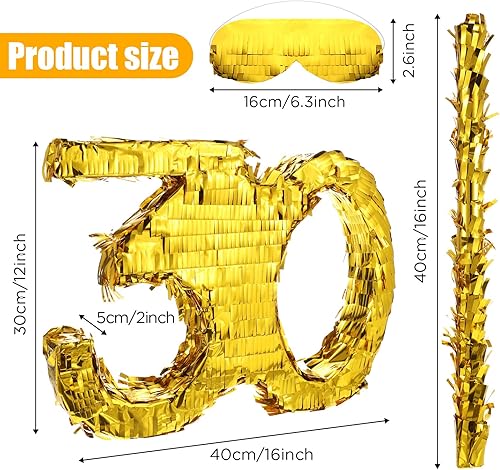 Miniatura 2 de Piñata de número 30, 16 x 12 x 2 pulgadas, piñata de cumpleaños con vendaje y palo para adultos, decoraciones de fiesta de cumpleaños de 30 años,