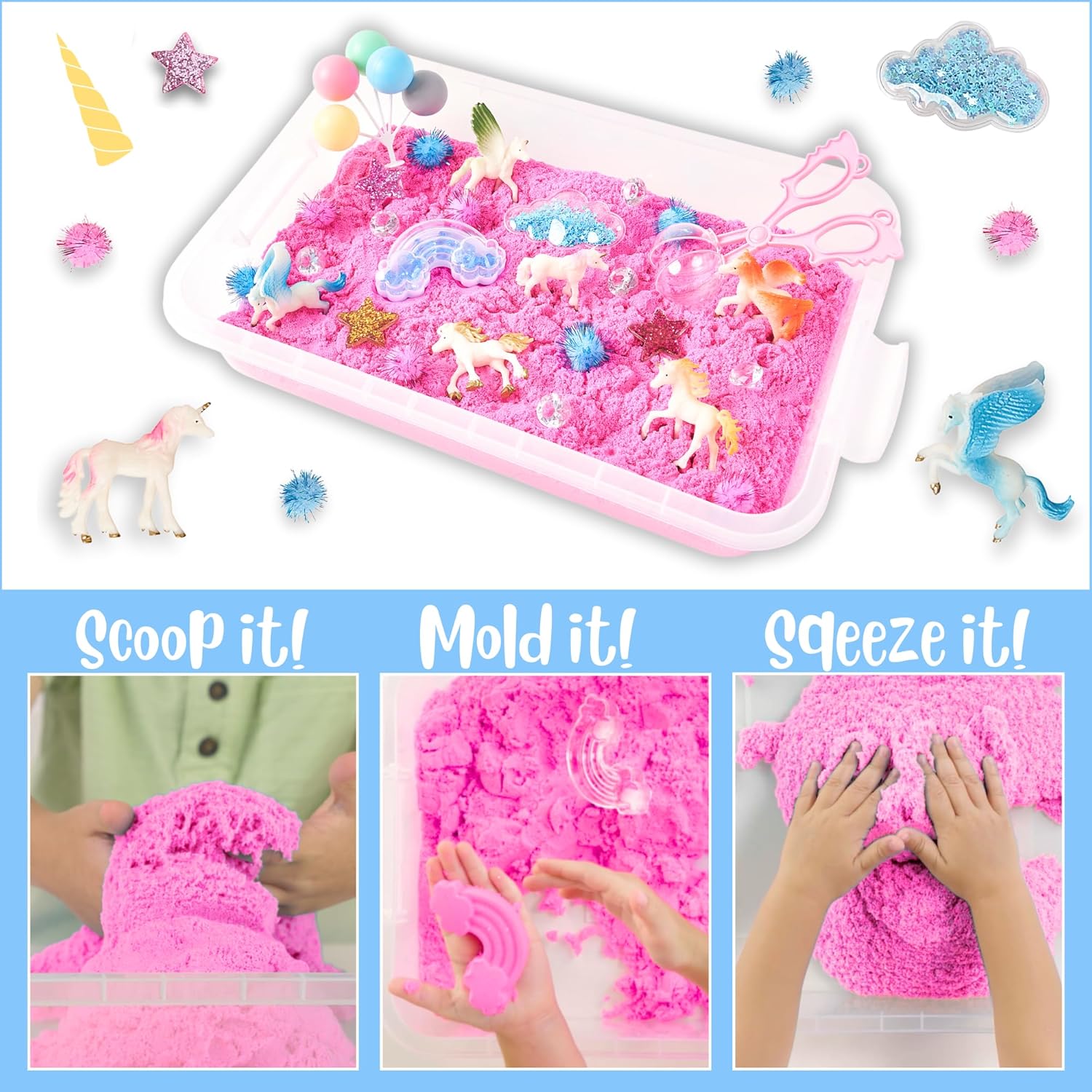 Unicorn Sensory Sand Bin-38 PCS Set with 2 lb Magic Sand, Sensory Bin for Toddlers & Scooper-Count Sparkly Pom-Poms, Bring Unicorns to Life - Ideal Gift for Kids