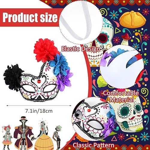 Miniatura 2 de Leyndo 4 piezas Día de los Muertos Azúcar Medio Calavera Máscara de Ojos Máscara Mexicana Mascarada Máscaras Halloween Cosplay Fancy Dress