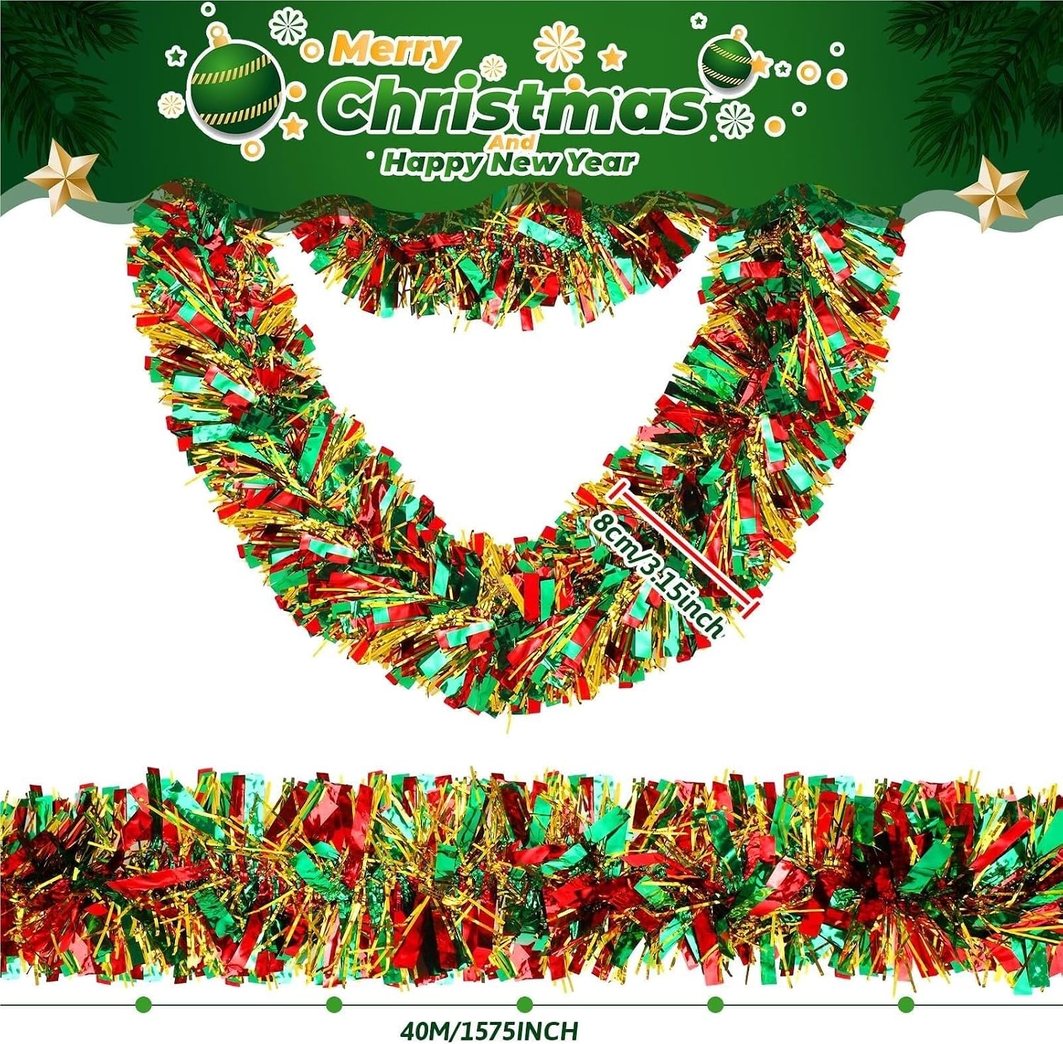 Tinsel Indoor 4 Pcs Christmas Tinsel Garland Red Green and Gold Metallic Decoration Christmas Tree Garland