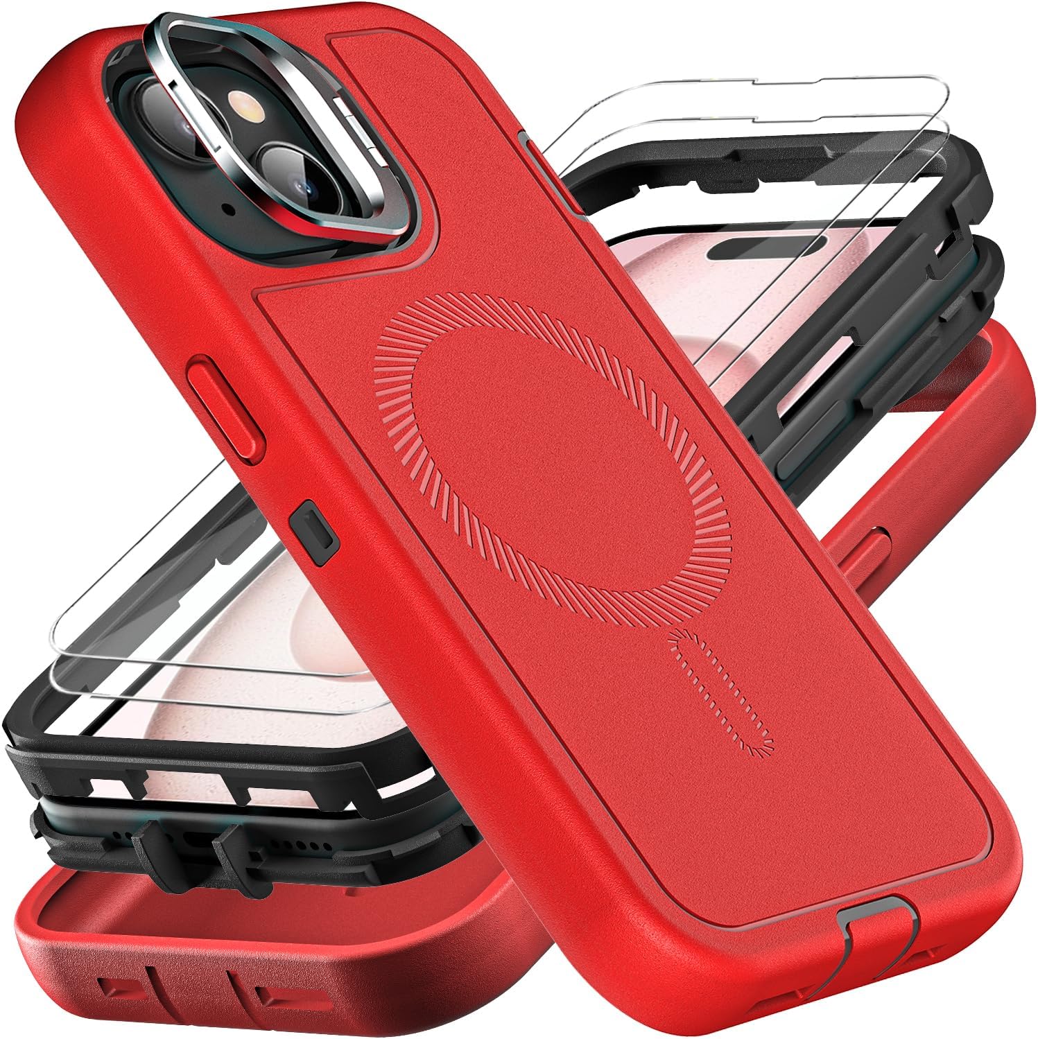 YKHJKLEC for iPhone 15 Case, Military Grade 3 in 1 Heavy Duty Shockproof/Drop Proof/Dust Proof with Kickstand Case, with 2 x Tempered Glass Screen Protector (ZJ-Red/Black)
