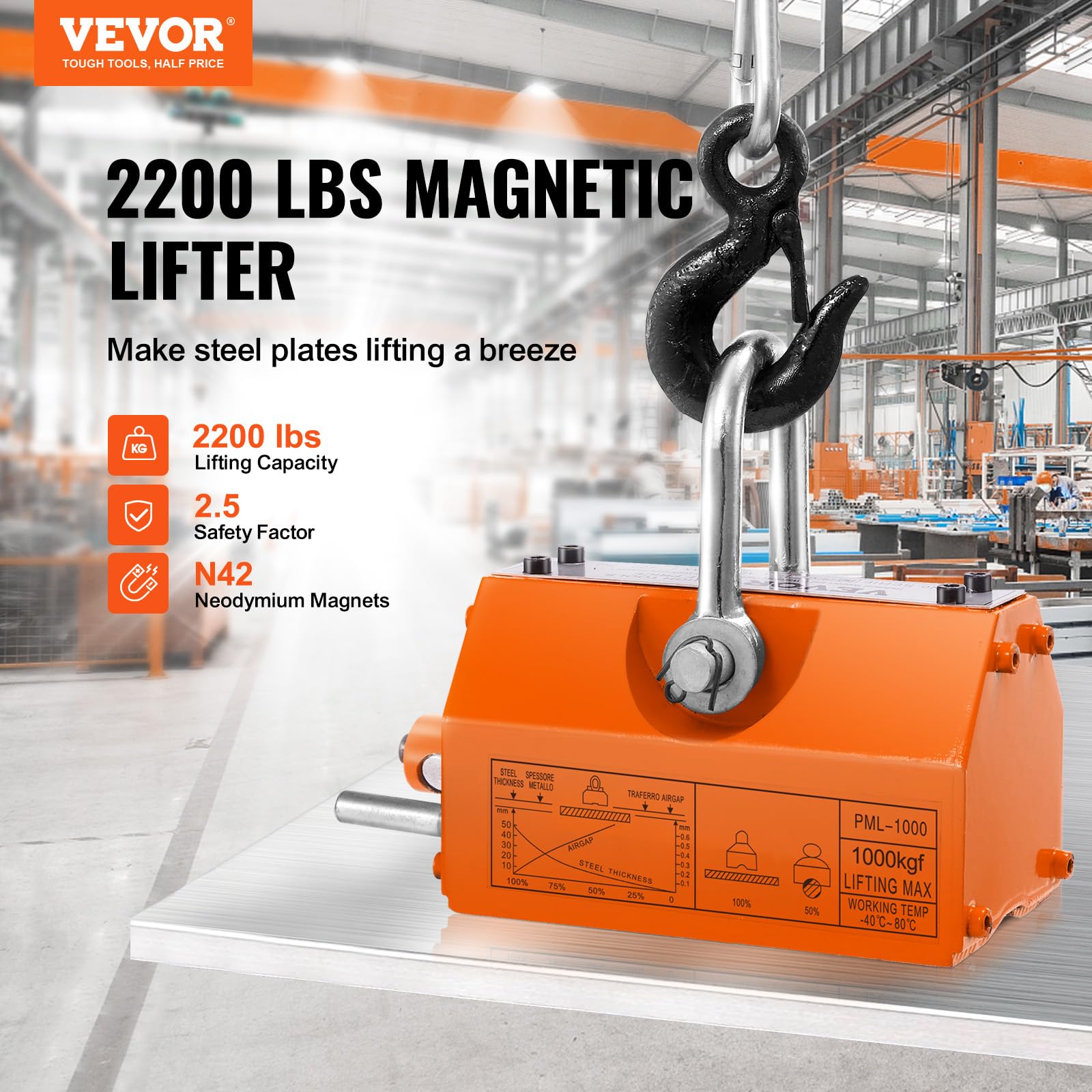 VEVOR Levage Magnétique 1000 kg Aimant de Levage Permanent en Néodyme N42 Porteur Magnétique 256x133x139 mm avec Crochet Chromé Facteur de Sécurité 2,5 Outil pour Manutention Tôle Matériel Magnétique