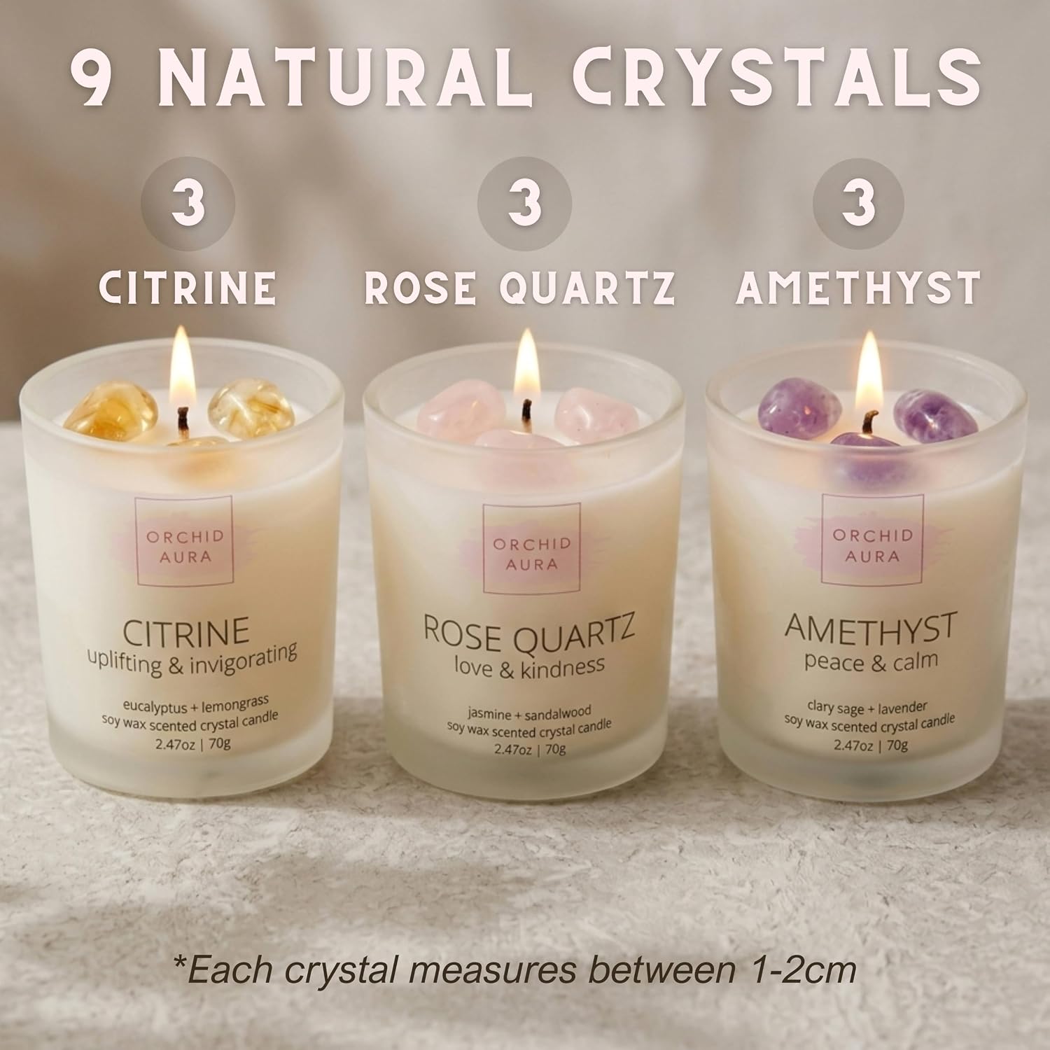 Soy Candles with Healing Crystals. Citrine, Rose Quartz, Amethyst Crystal.