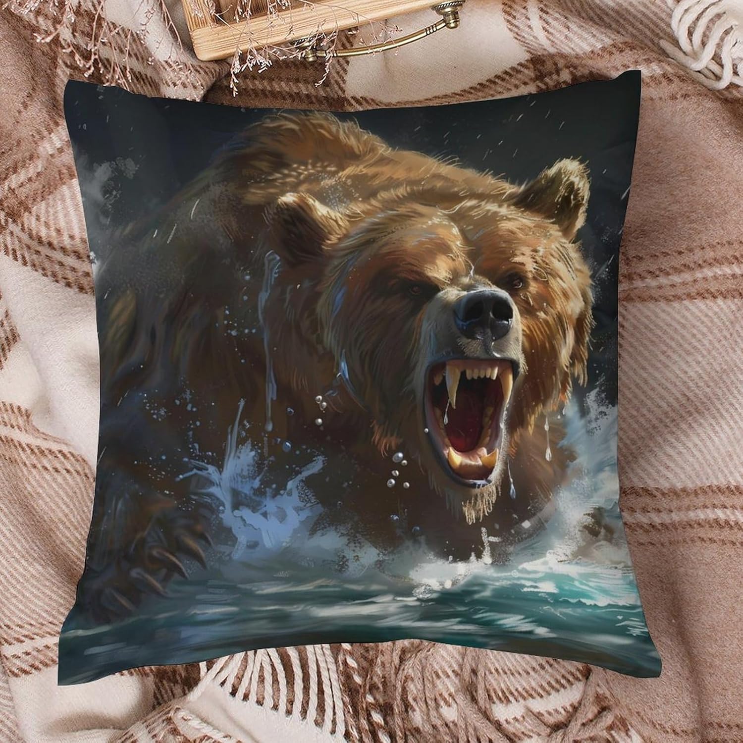 Angry Grizzly Bear Printed Throw Pillow Case 4 Pcs Soft Pillowcases Pillows Covers Sofa Bed Decor 12/14/16/17/18/20/22/24/32 Inches