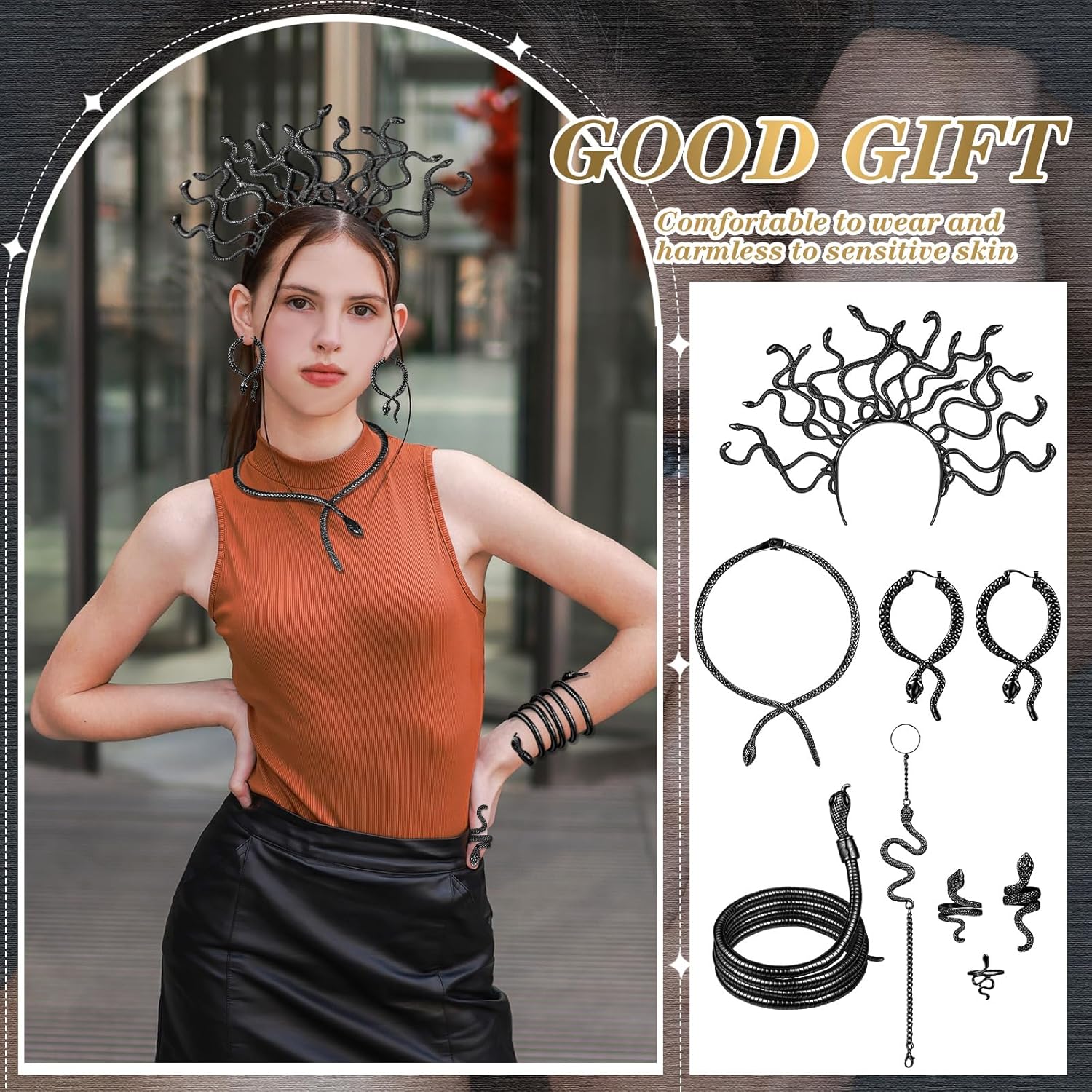 8 Pcs Halloween Medusa Jewelry Set Snake Costumes Accessories Bracelet Necklace Earring Ring Headpiece Punk Jewelry Gothic Tiara Headband Party Outfit Accessories for Women - Image 3