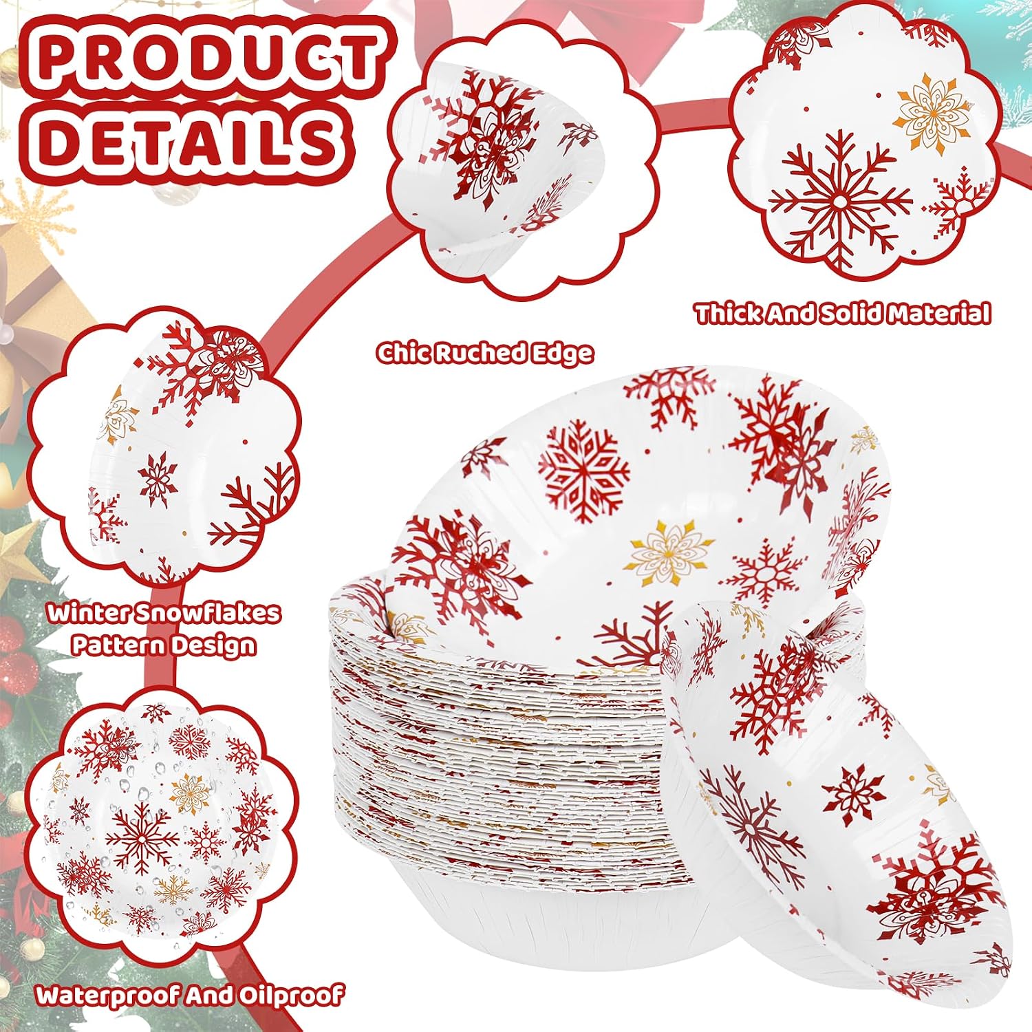 FYSUIMU 100 Pcs Winter Paper Bowls Christmas Red White Snowflake Party Snack Bowl Disposable Serving Bowls for Xmas Party Household Supplies Decor, 12 Oz