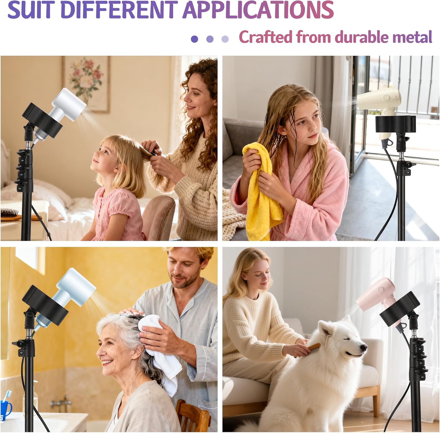 Hands-Free Hair Dryer Stand for Home Blow Drying, DIY Styling, Salon&Live Streaming Ideal for Long Hair Women Busy Moms People with Arm Shoulder Pain 30-62 Inch Adjustable Height Tripod, 360° Rotation
