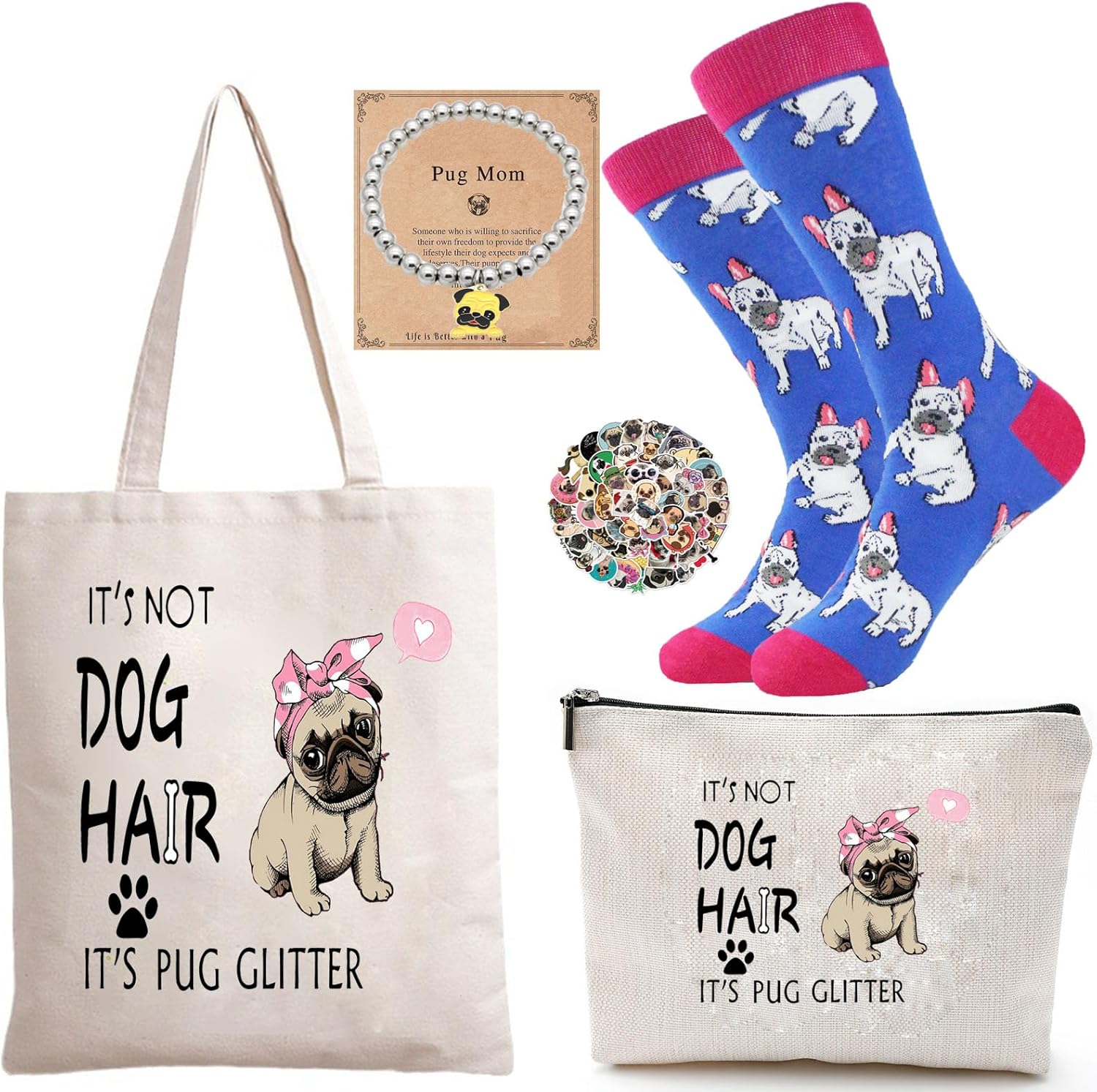 Pug Gifts for Women, 5pcs Gift Set for Dog Lovers With Reusable Bag, 50 Stickers, Ideal for Dog Moms and Pet Lovers