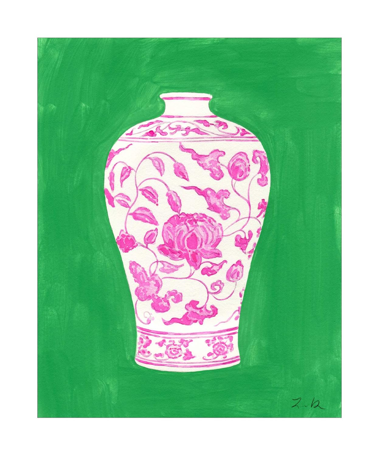 Pink Ginger Jar on Green No. 4 Chinoiserie Vase Art Print