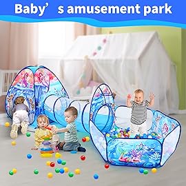 GeerWest 3 in 1 Kids Mermaid Play Tent for Toddler with Baby Ball Pit and Play Tunnel, Children Indoor Outdoor Playhouse with Crawling Tunnel Toy for Toddlers (3pc Mermaid Ball Pit)