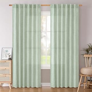 BGment Sage Green Linen Curtains 84 Inches Long for Living Room 2 Panels - Rod Pocket Light Filtering Drapes Privacy for Bedroom/Office/Country Decorative Back Tab, 52 Inch Wide Each Panel