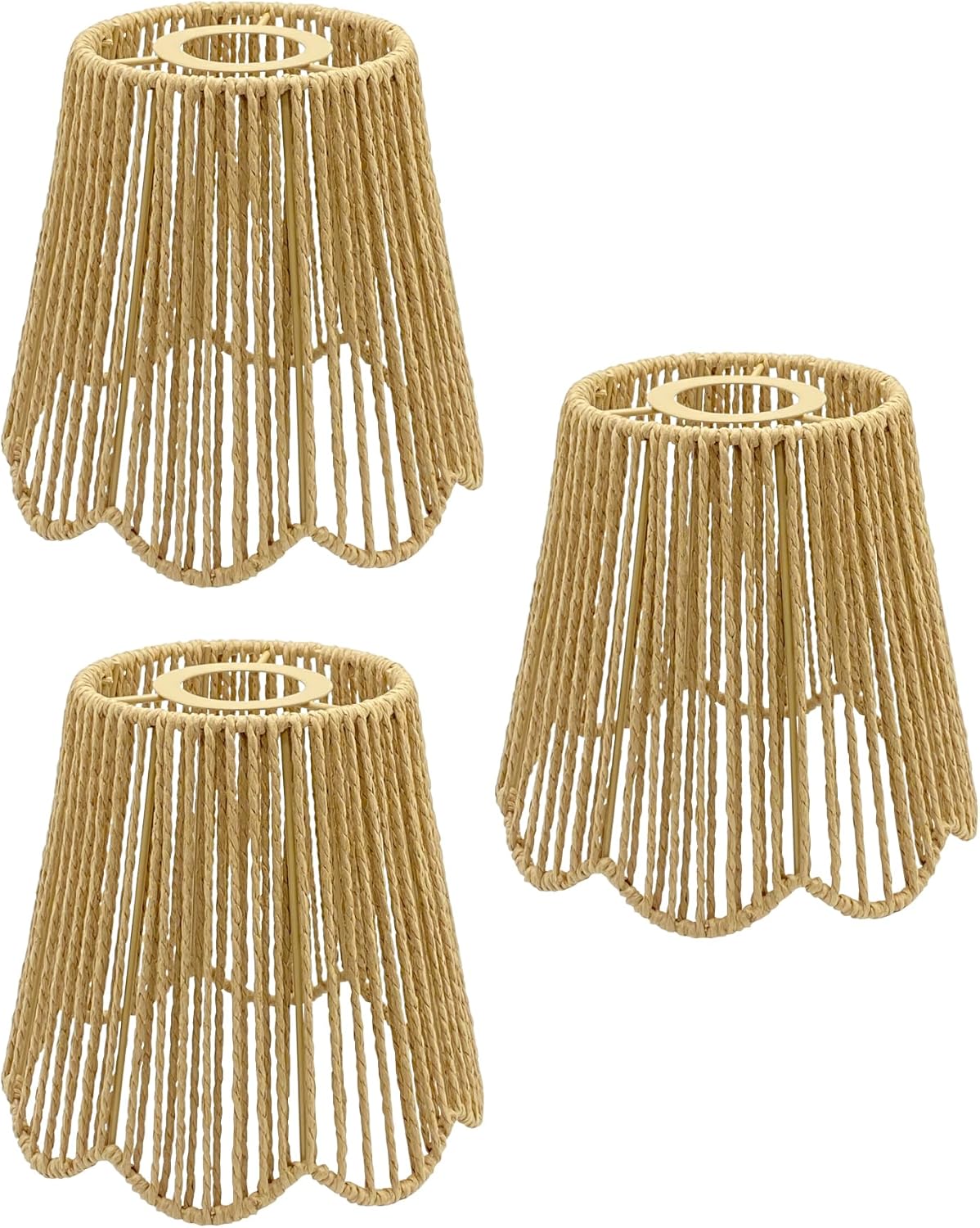5.0 x 6.9in 3 Pack Rattan Lamp Shade Replacement, Small Boho Pendant Shades Wave Bottom Woven Lampshade Ceiling Fan Light Covers for Floor Lamps, Pendant Light, Chandelier, Wall Sconces