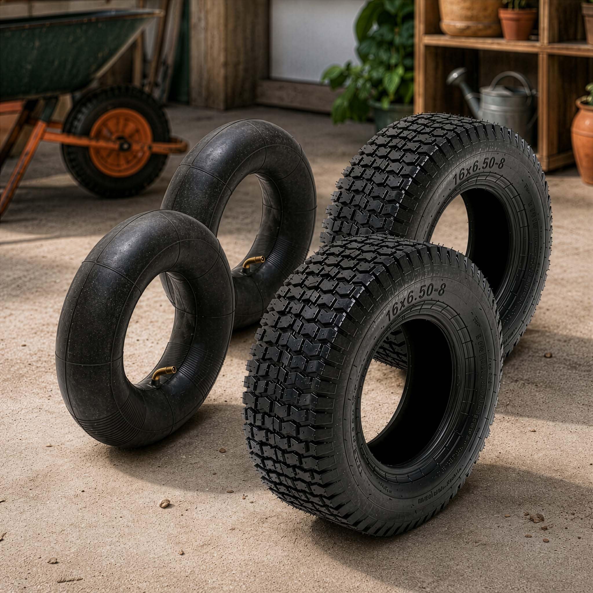 2 x opona do opon, 2 x wąż do kosiarek samojezdnych/traktorów trawnikowych 16 x 6.50-8 4PR zawór kątowy