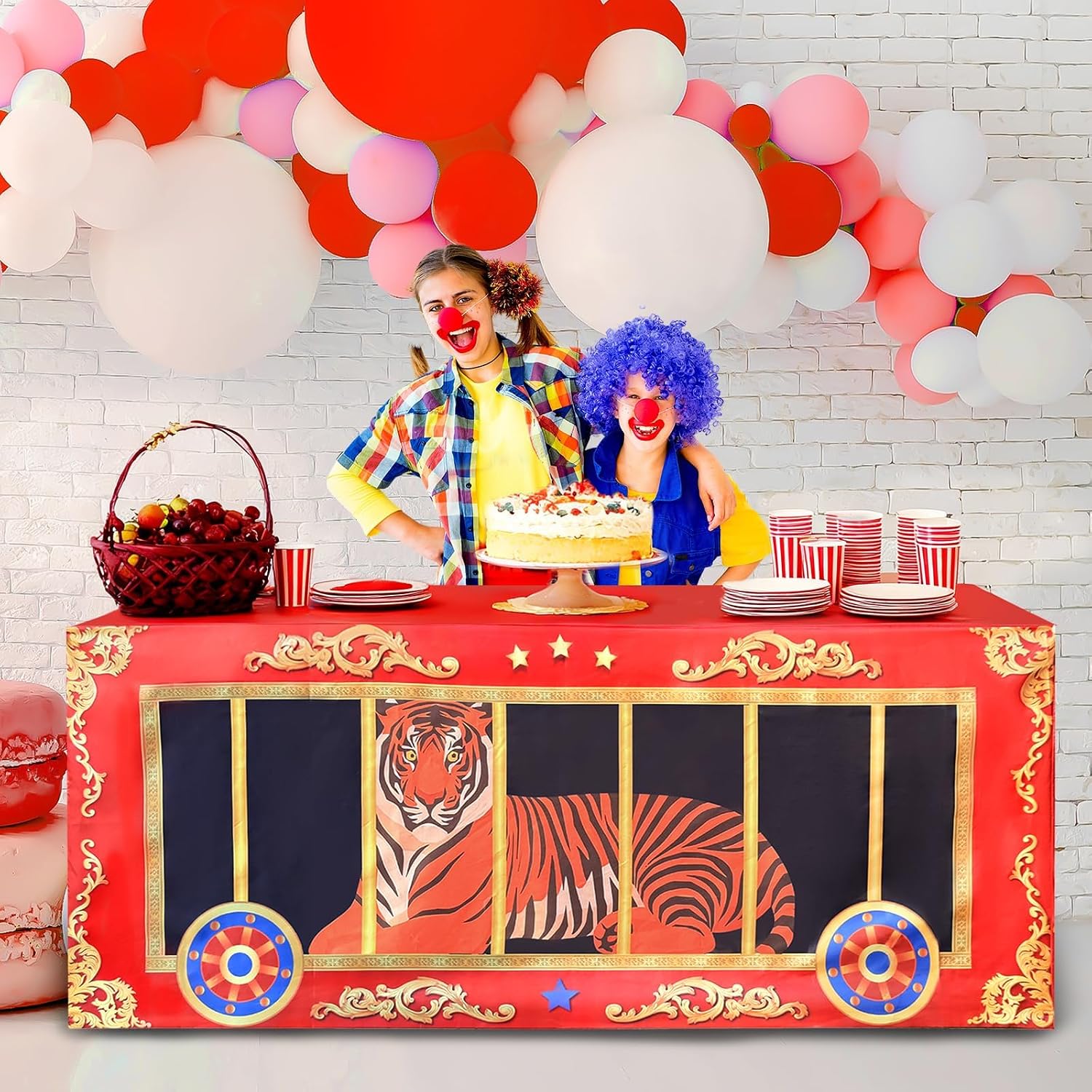 6Ft Carnival Party Decorations Circus Animal Cage Tablecloth Tiger Lion Patterns Carnival Cage Washable Polyester Rectangular Table Cover for Boy Girl Birthday Baby Showers Party Supplies