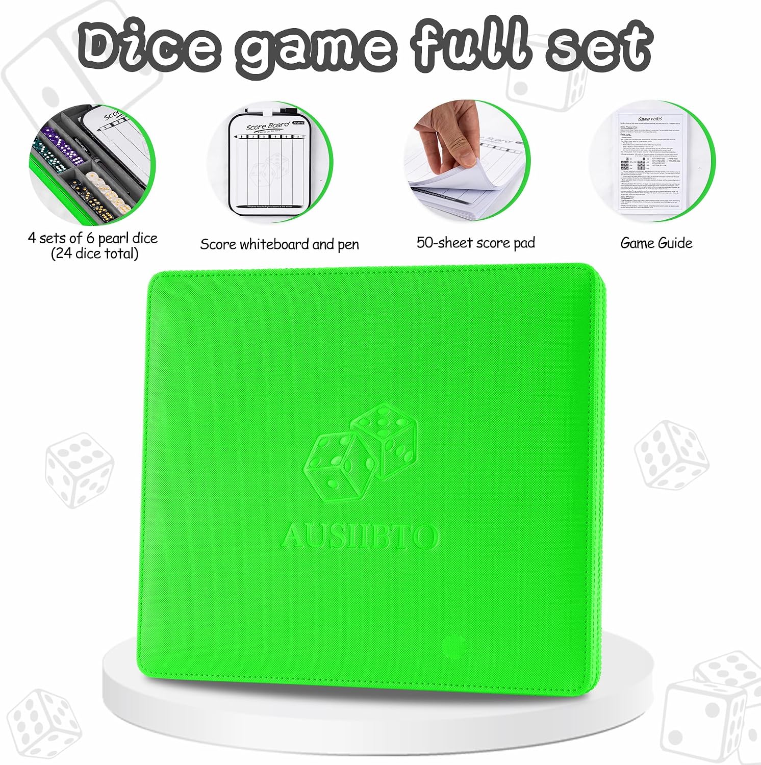 Dice Tray and Storage Case for Farkle Game - Includes Embedded Scoring Combinations, 4 Sets of 6 Pearl Dice, 50 Sheet Score Pad and Pen Holder for The Classic Family Game - Green and Grey