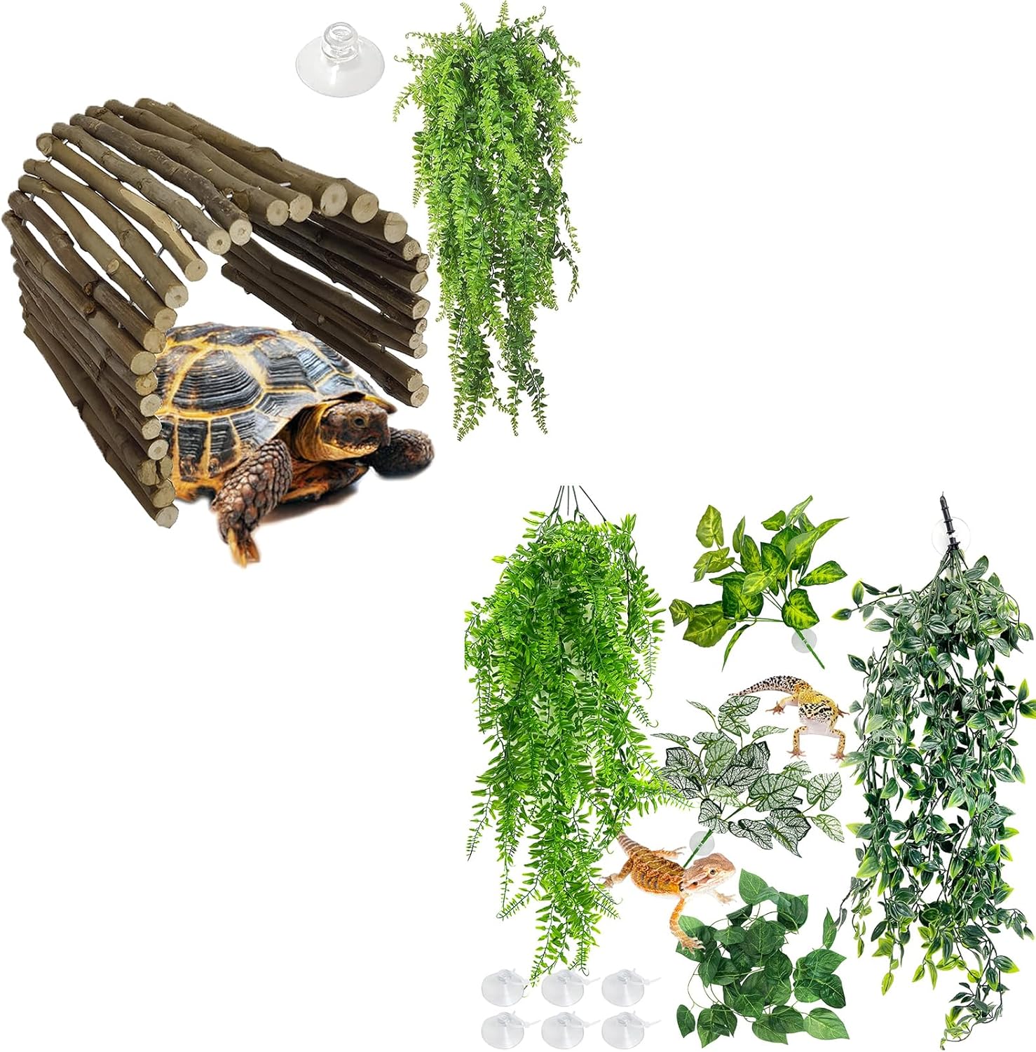 Hamiledyi Extra Large Tortoise Hide Reptile Hiding Cave Turtle Hut and 5 Pcs Reptile Plants Terrarium Hanging Fake Plant Leaves for Snake Leopard Gecko Lizard Chameleon Spider Turtle