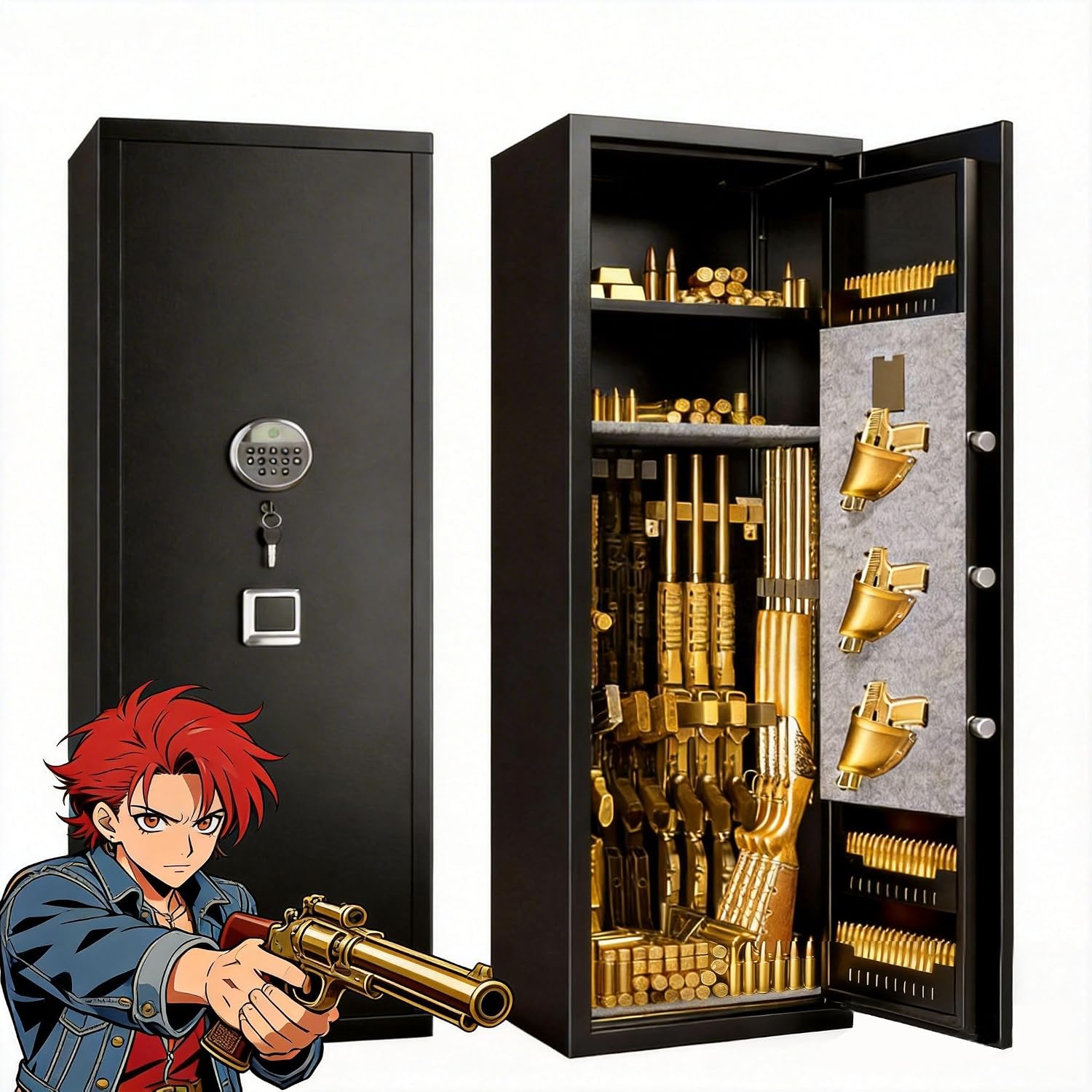 12-15 Fingerprint Gun Safe for Rifles and Pistols,Adjustable Gun Cabinet for Home,No Assembly Required,Gun Safes for Rifle and Password Lock,Black