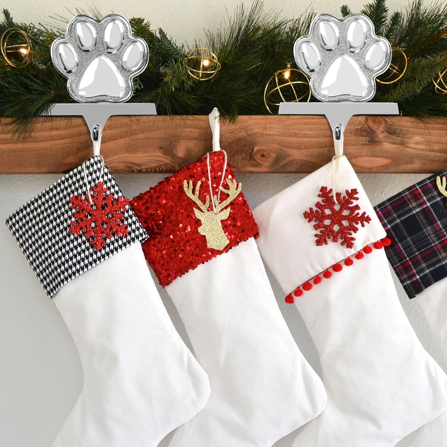 Hxezoc 2 Pack Dog Paw Christmas Stocking Holders 3D Silver Metal Mantel Pet Paw Stocking Hangers for Christmas Fireplace Mantel Decorations Christmas Holiday Supplies