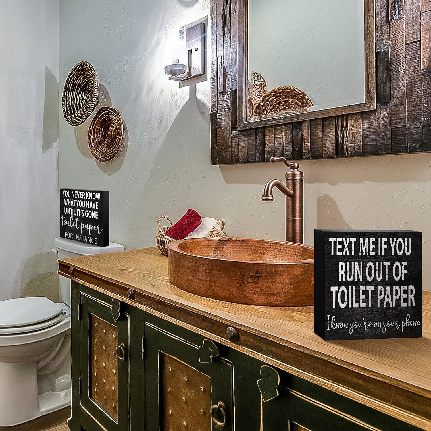Jetec 2 Pieces Funny Farmhouse Bathroom Signs Black Wooden Rustic Box Signs Decor Bathroom Wall Art Toilet Paper Quotes for Home Guest Restroom Toilet Wall Shelf Decoration, 6 x 6 Inch