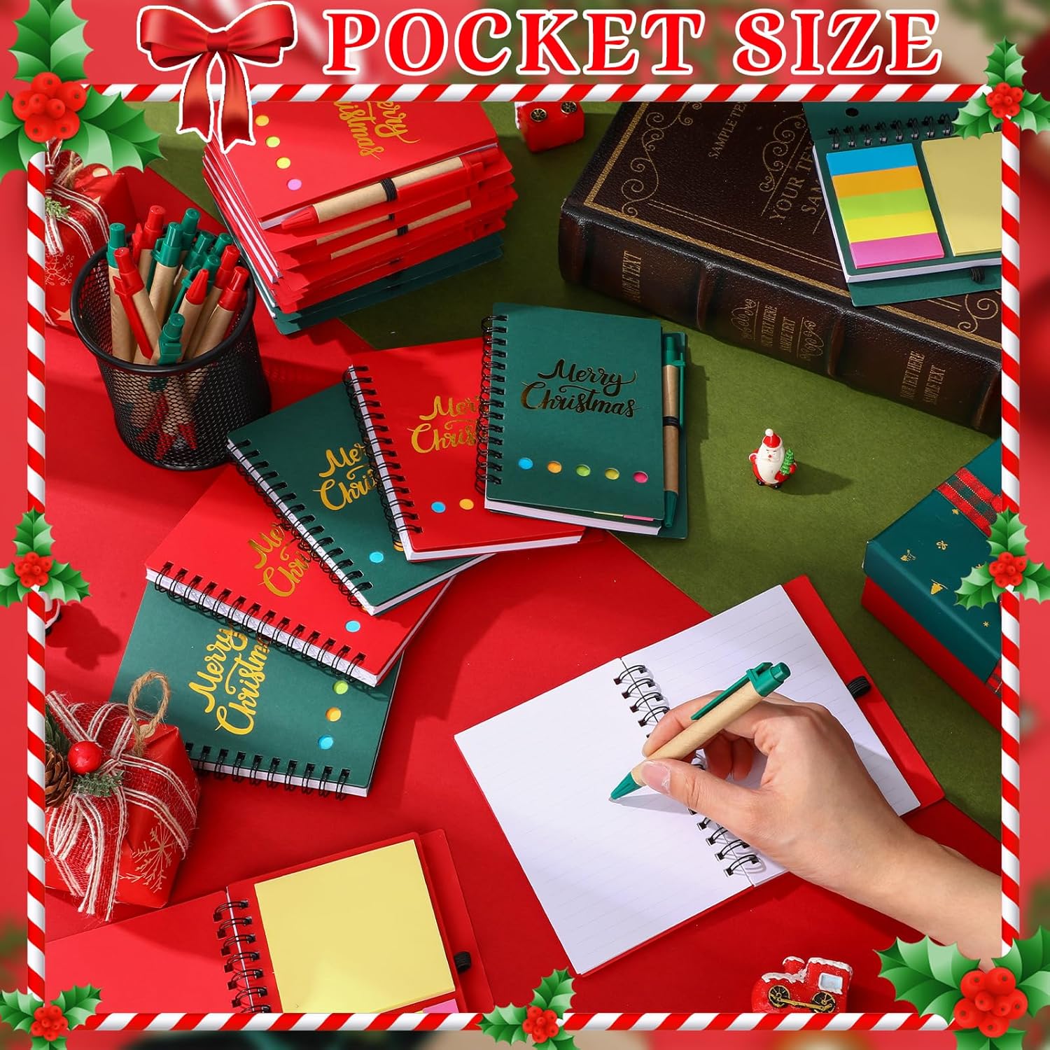 Fullhawl 100 Pcs/50 Sets Bulk Christmas Gift for Coworker Employee Red Green Spiral Journal Notebook with Sticky Note and Pen Merry Christmas Thank You Gift for Sunday School Coworkers Team Teacher