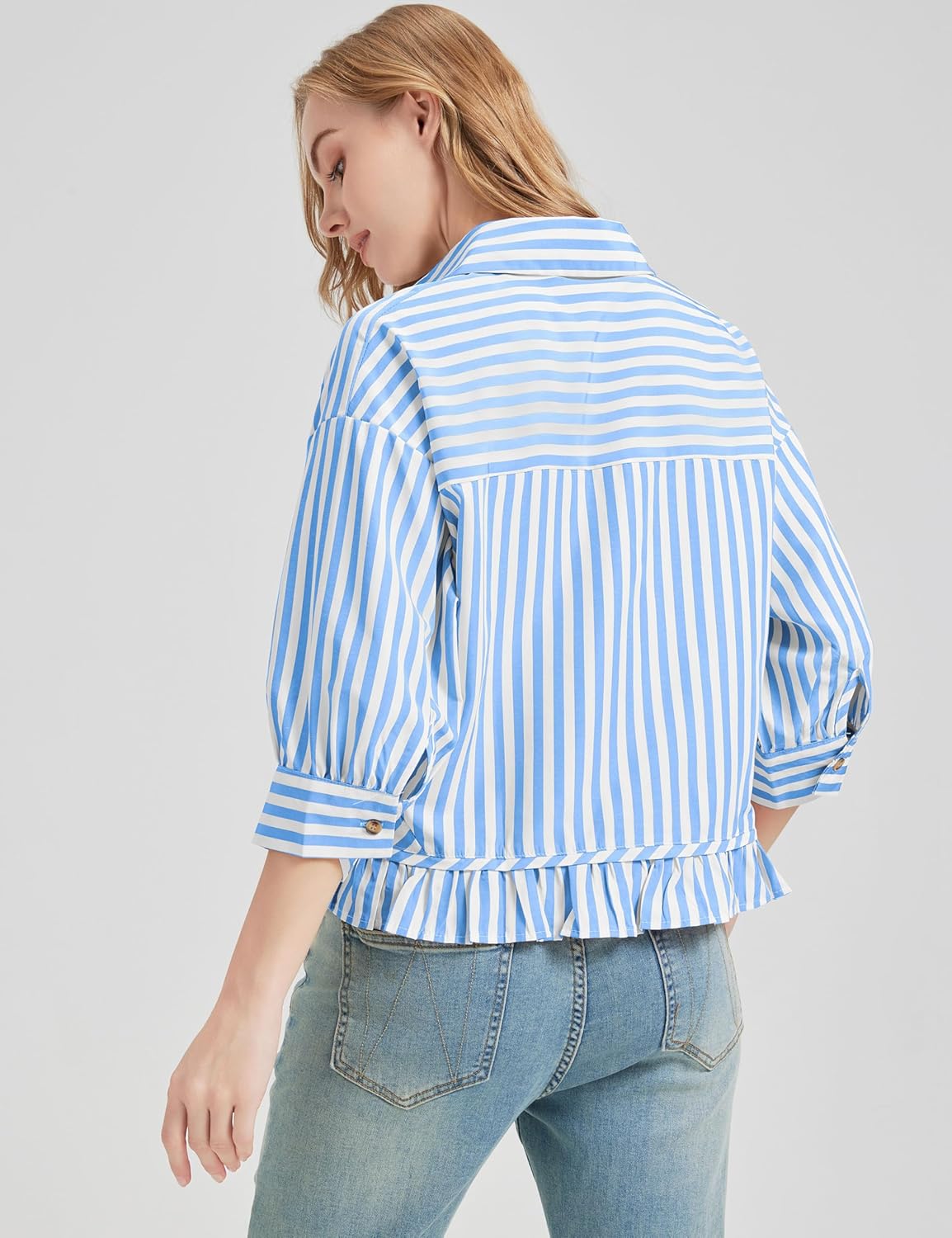 Womens Casual Oversized Striped Button Down Shirt 3/4 Sleeve Cropped Peplum Ruffled Hem Babydoll Blouse Tops - Image 6