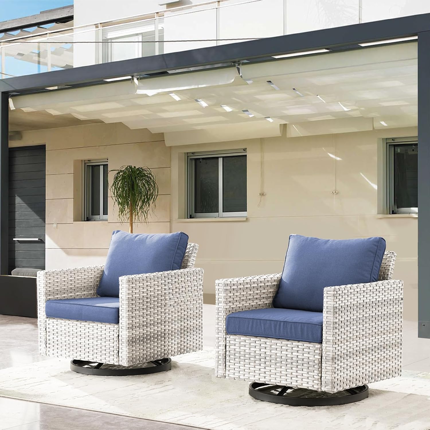 Patio Chairs Wicker Swivel Rocker Set of 2 - Heavy Duty Patio Furniture Set 350LBS Max Load Wicker Outdoor Swivel Glider Rocking Chairs for Porch Balcony Deck Poolside - Light Grey/Blue