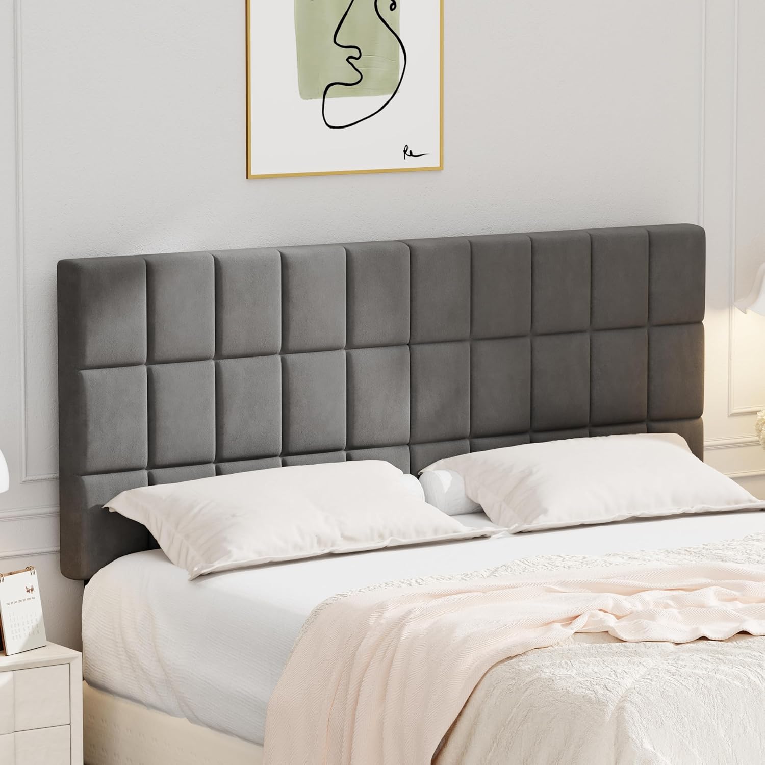 ALISH Velvet Tufted Headboard with Adjustable Height and Width, Foldable Upholstered Headboard with Metal Legs for King Size (Gray Velvet, King)