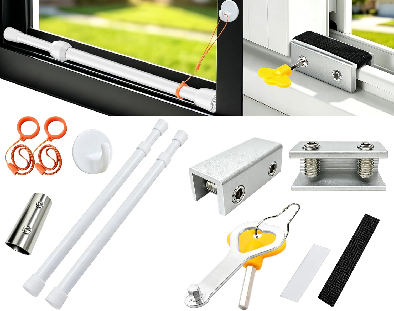 Up to 55.1" Window Security Bar & Window Locks 4 Pack, 2 Connectable Adjustable Tension Bars & 2 Sliding Locks for Horizontal & Vertical Windows, Child & Pet Safety