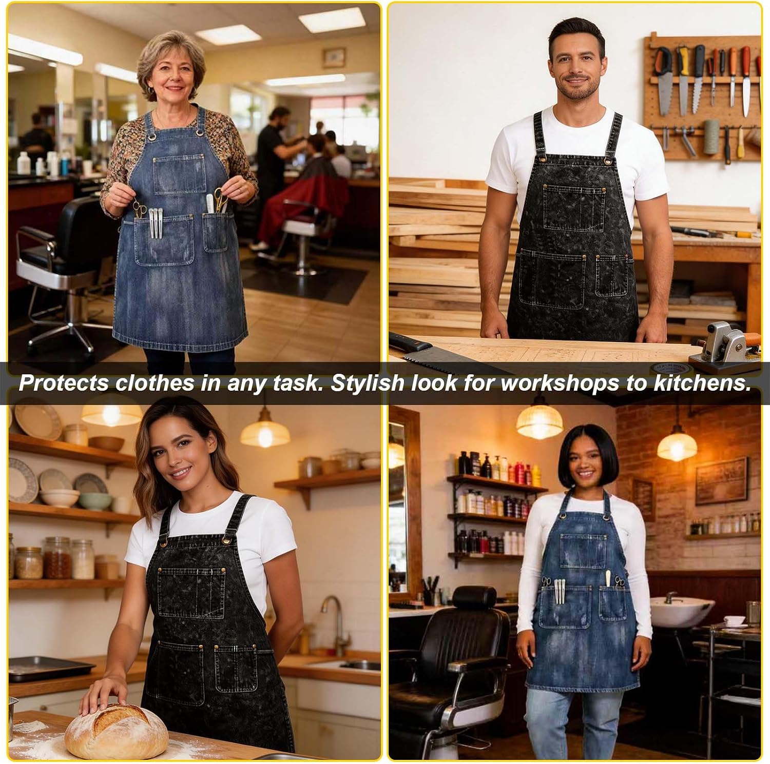 Denim Apron With Pockets,Distressed Jean Apron,Hairstylist Aprons,Denim Work Apron - Washing Style | Adjustable XXL