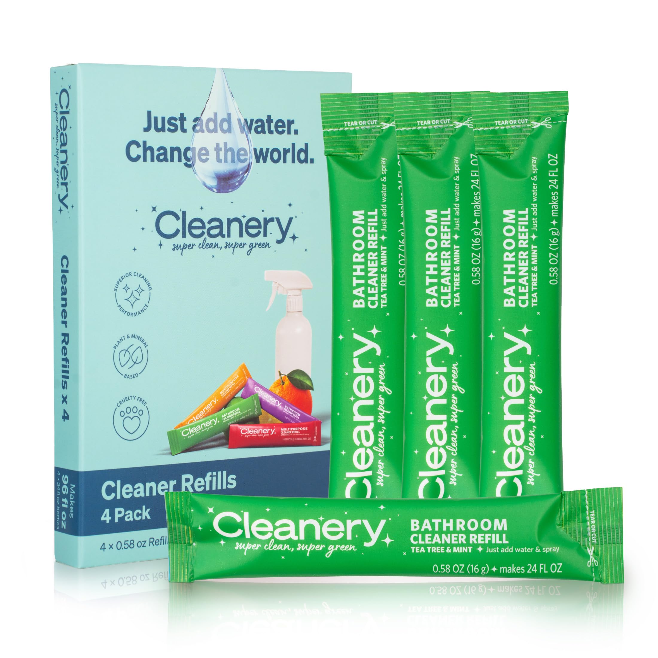 Bathroom Cleaner Refill Powder Concentrate 4 Pack for Tile Bathtub Shower Toilets Cruelty Free Plant Mineral Based Eco-Friendly