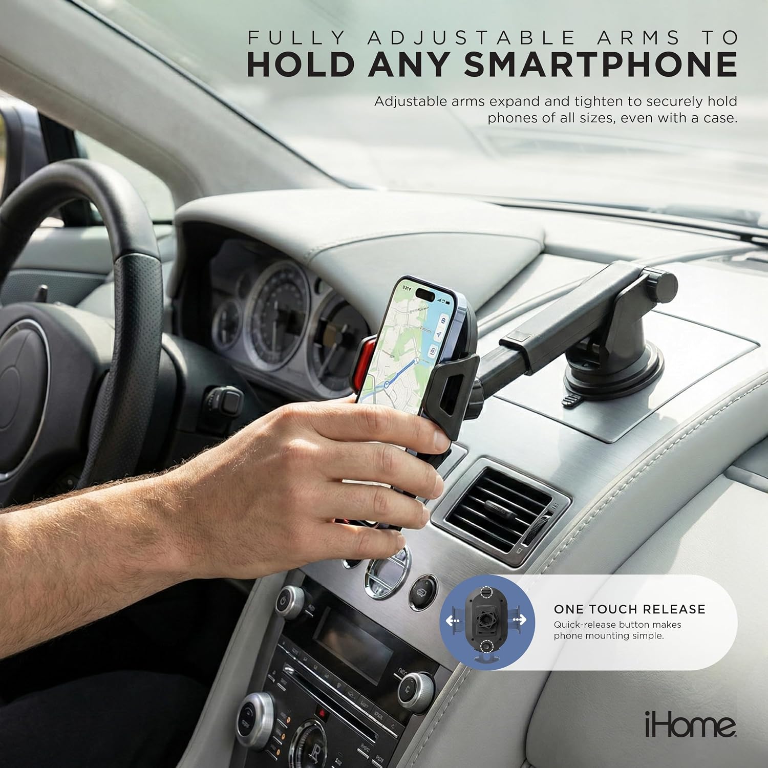 iHome Car Mount, Dashboard/Windshield/Vent Mount, Swivel Neck, Silicone Grip, Adjustable Mount Arm with Suction Cup Base (Adjustable Arm Car Mount) image 3