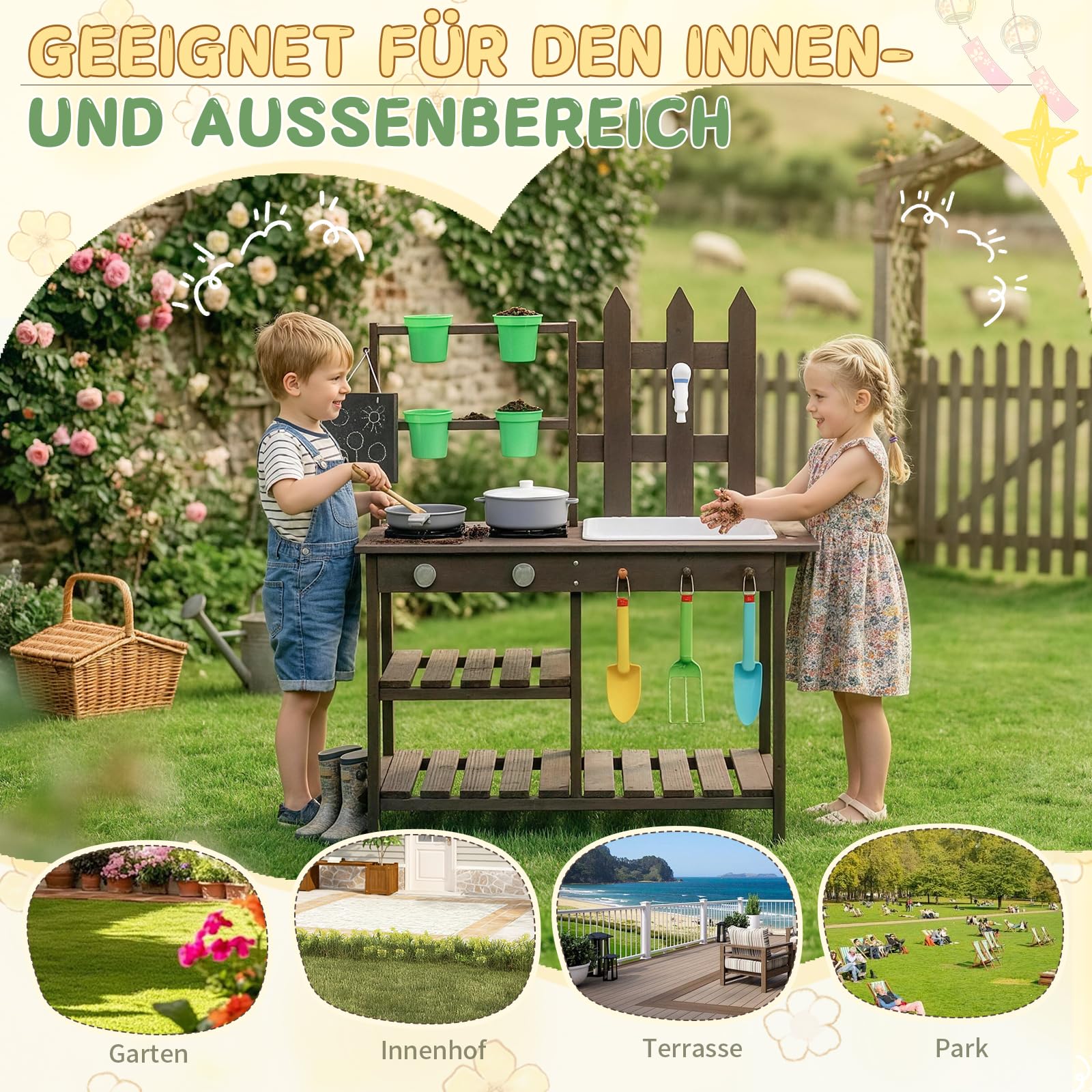 LEADZM Spielküche Gartenspielküche Matschküche Kinder Outdoor mit Spüle, Blumentopf, Wasserhahn, Kinderküche mit Herd, geeignet für Kinder ab 6 Jahren, Dunkelbraun
