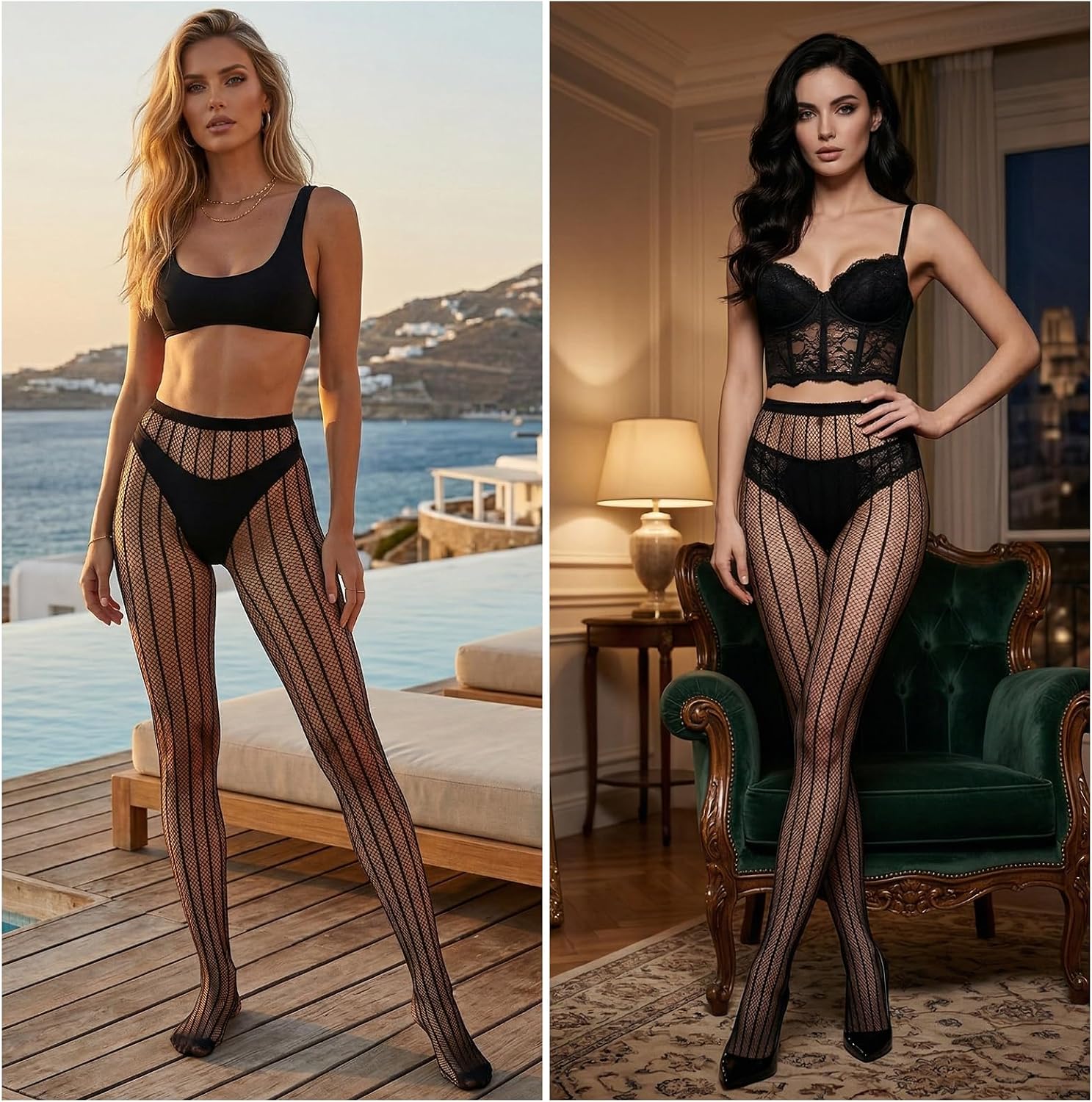 High Waist Fishnet Tights for Women - Sexy Sheer Mesh Pantyhose Striped Stockings Plus Size