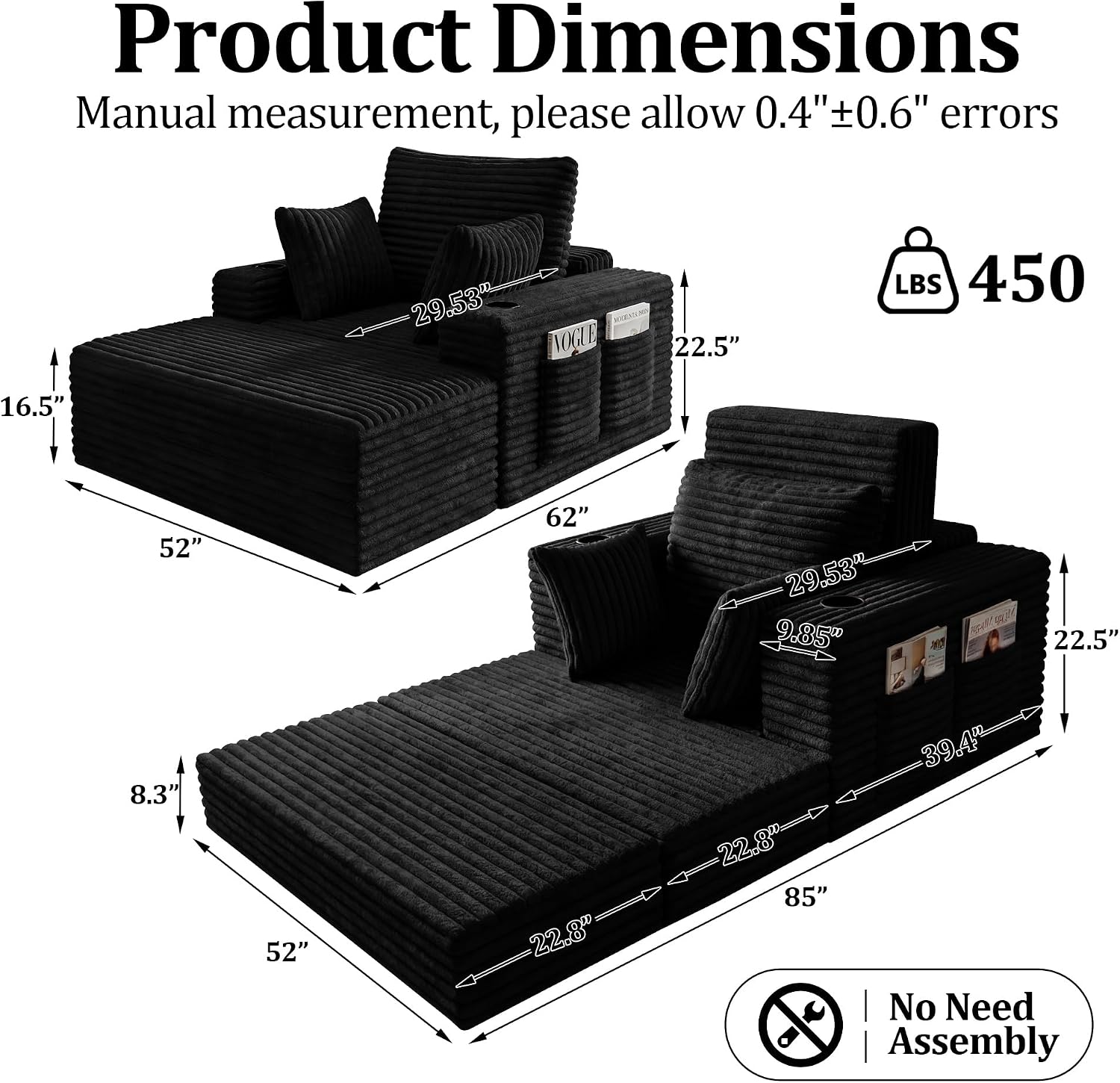 85" Oversized Chaise Lounge Chair Convertible 2-in-1 Boneless Sleeper Couch Bed Indoor Comfy Cloud Corduroy Reading Armchair sofa with Storage Pockets&Cup Holders for Bedroom,Living Room,Black