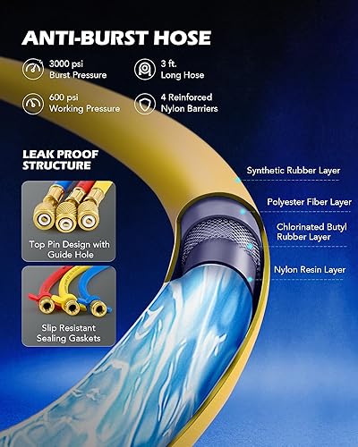 Miniatura 6 de Juego de manómetros de diagnóstico de CA de 3 vías para carga de freón se adapta a refrigerantes R134A R12 R22 y R502 con manguera de 3 pies