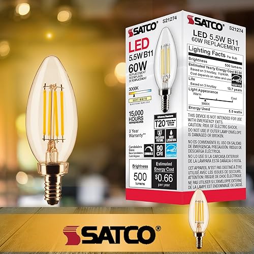 Miniatura 5 de Satco S21274 LED B11 de 5.5 vatios transparente base de candelabro 90 CRI 3000 K 120 voltios (paquete de 2)